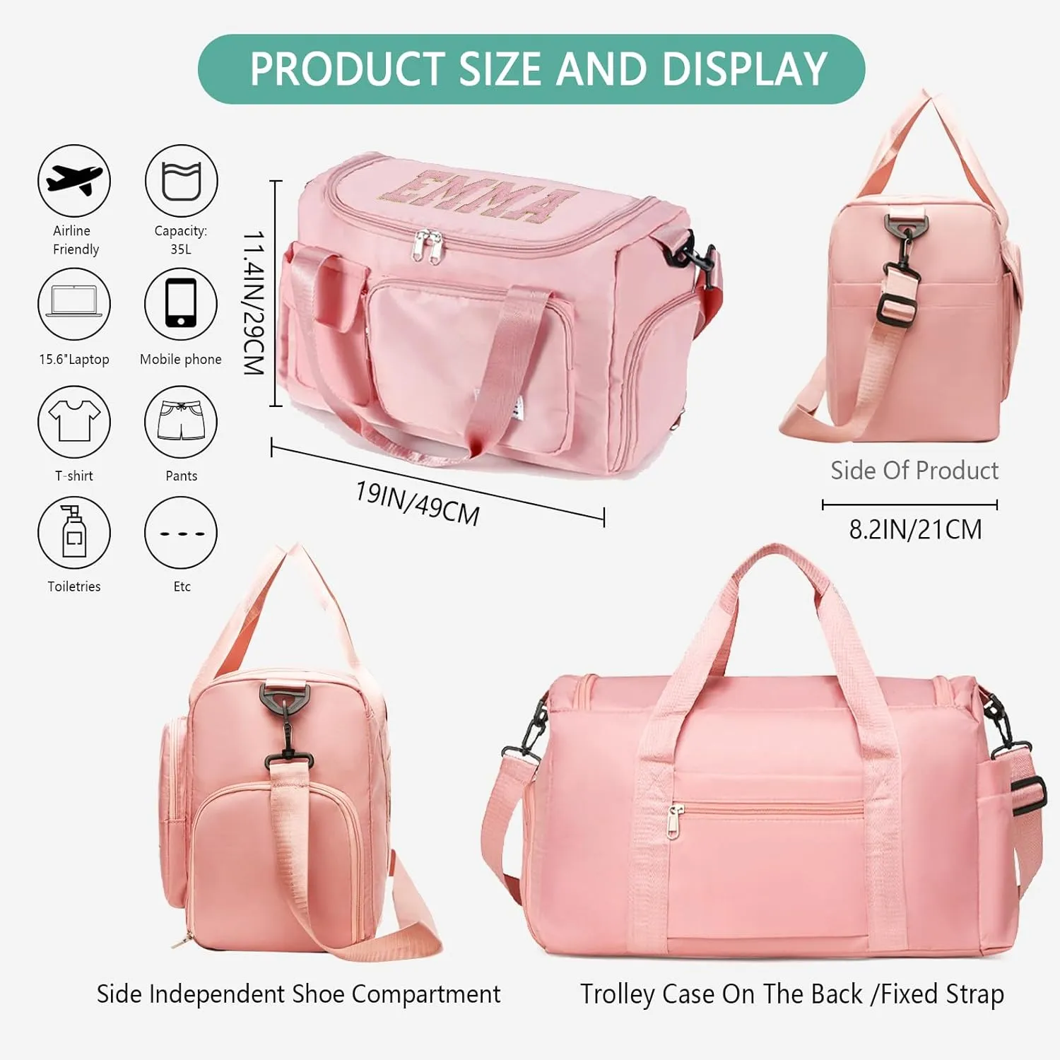 Personalized Gym Bag for Women, Travel Duffle Bag with Shoes Compartment and Wet Pocket, Chenille Letter Weekender Bags for Travel Plane Sport Gym Tote Bags, Waterproof Travel Bag, Birthday for Women