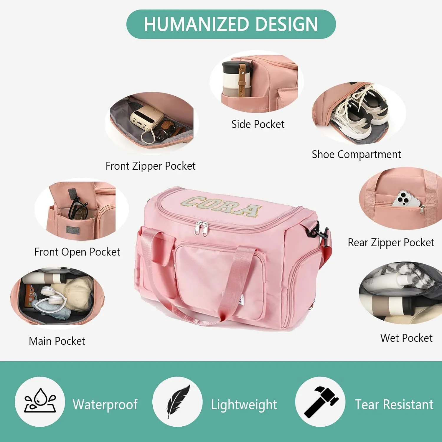 Personalized Gym Bag for Women, Travel Duffle Bag with Shoes Compartment and Wet Pocket, Chenille Letter Weekender Bags for Travel Plane Sport Gym Tote Bags, Waterproof Travel Bag, Birthday for Women