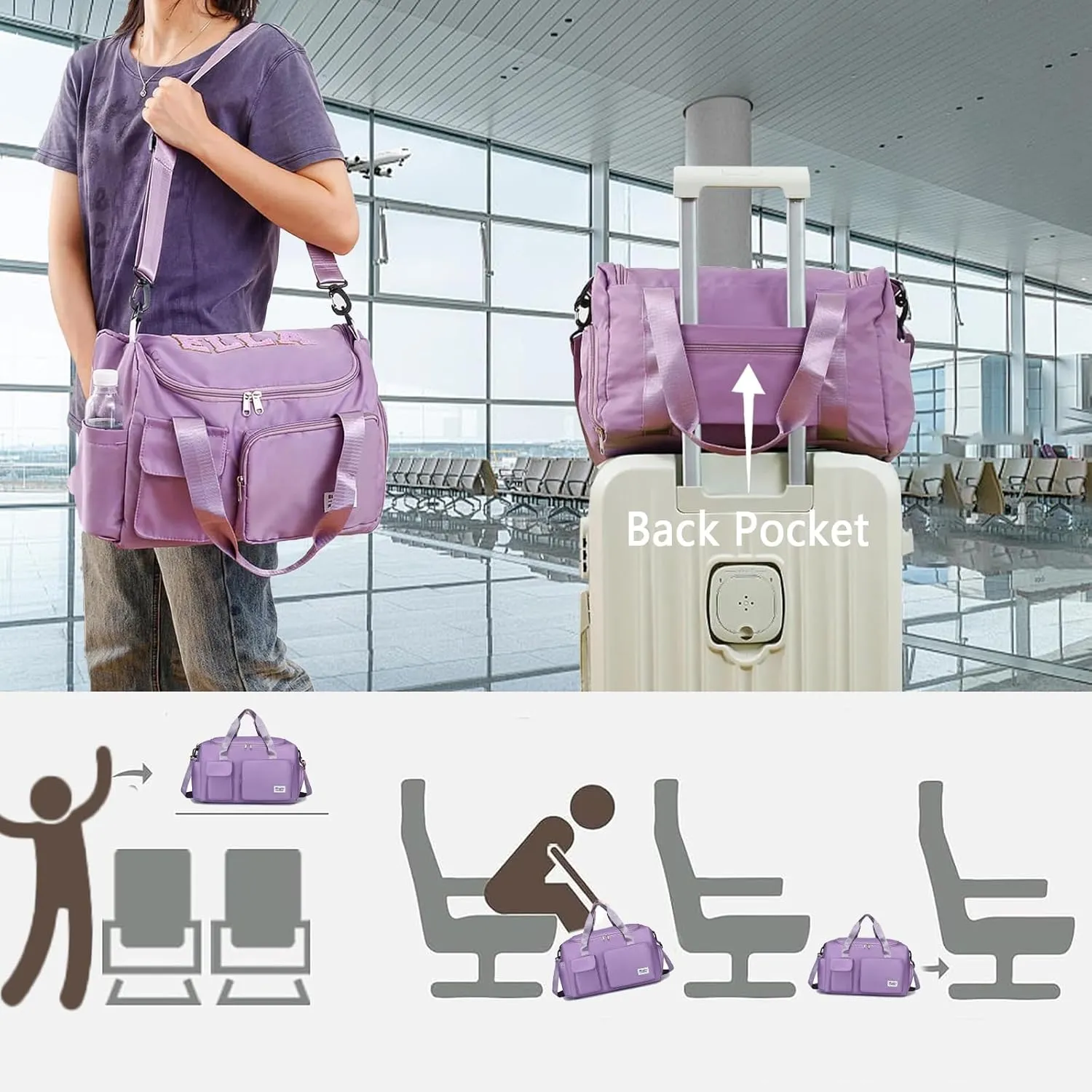 Personalized Gym Bag for Women, Travel Duffle Bag with Shoes Compartment and Wet Pocket, Chenille Letter Weekender Bags for Travel Plane Sport Gym Tote Bags, Waterproof Travel Bag, Birthday for Women