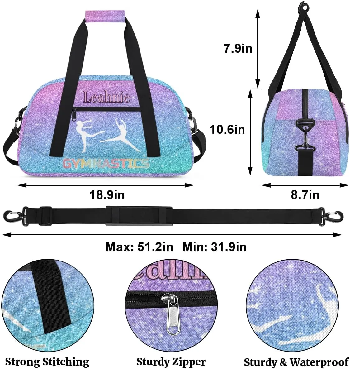 Personalized Gym Bag Girls, Custom Sport Duffel Bag Dance Bag Weekender Bags Travel Duffel Bag GYMNASTICS, Gradient Blue Purple Glittering