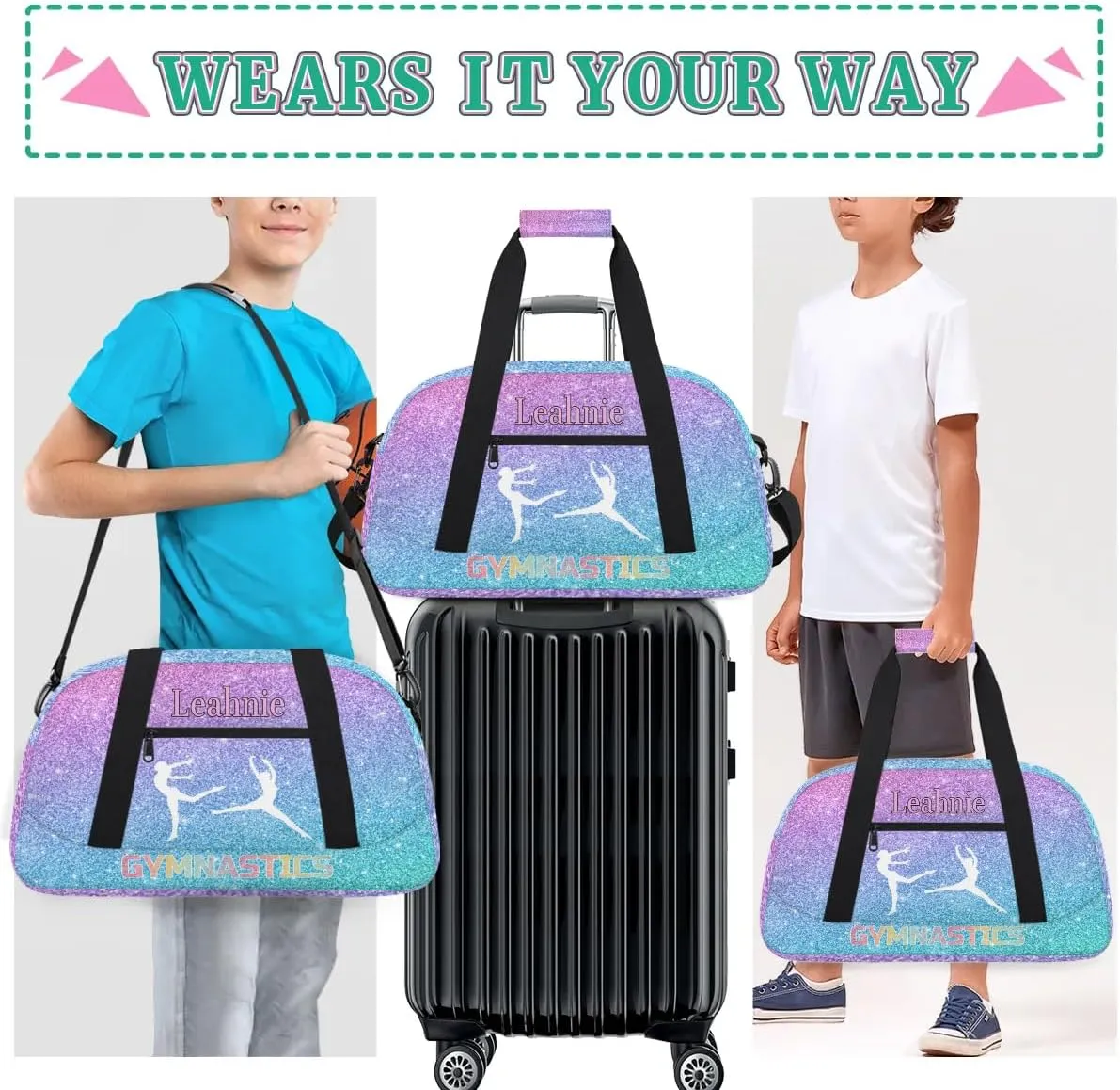 Personalized Gym Bag Girls, Custom Sport Duffel Bag Dance Bag Weekender Bags Travel Duffel Bag GYMNASTICS, Gradient Blue Purple Glittering