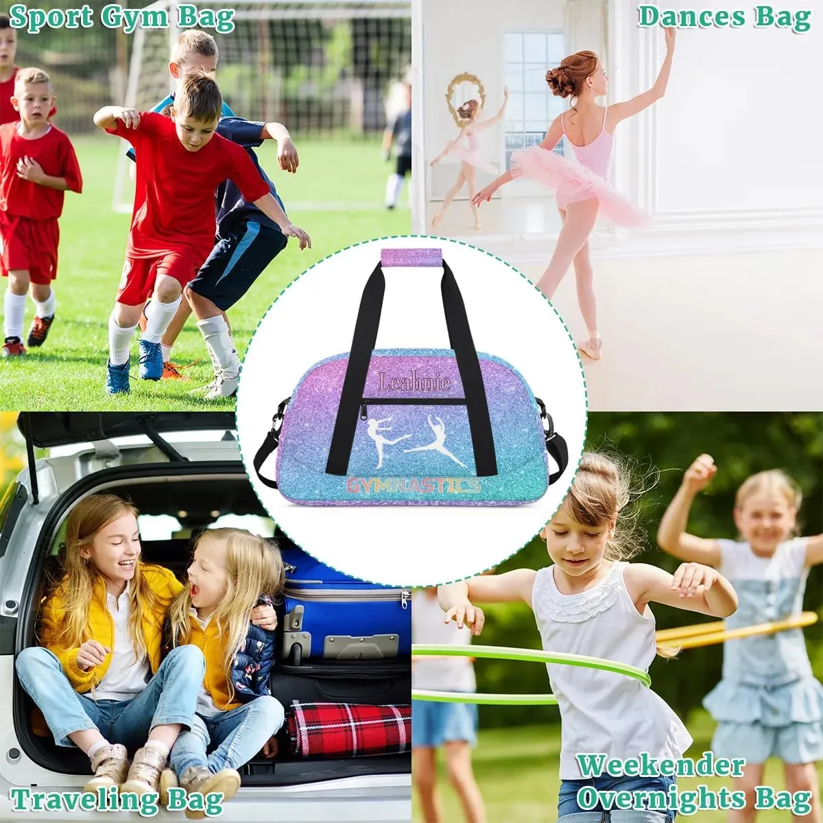 Personalized Gym Bag Girls, Custom Sport Duffel Bag Dance Bag Weekender Bags Travel Duffel Bag GYMNASTICS, Gradient Blue Purple Glittering