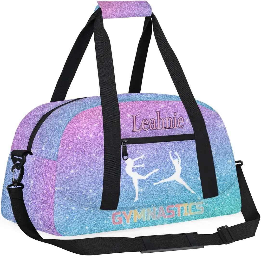 Personalized Gym Bag Girls, Custom Sport Duffel Bag Dance Bag Weekender Bags Travel Duffel Bag GYMNASTICS, Gradient Blue Purple Glittering