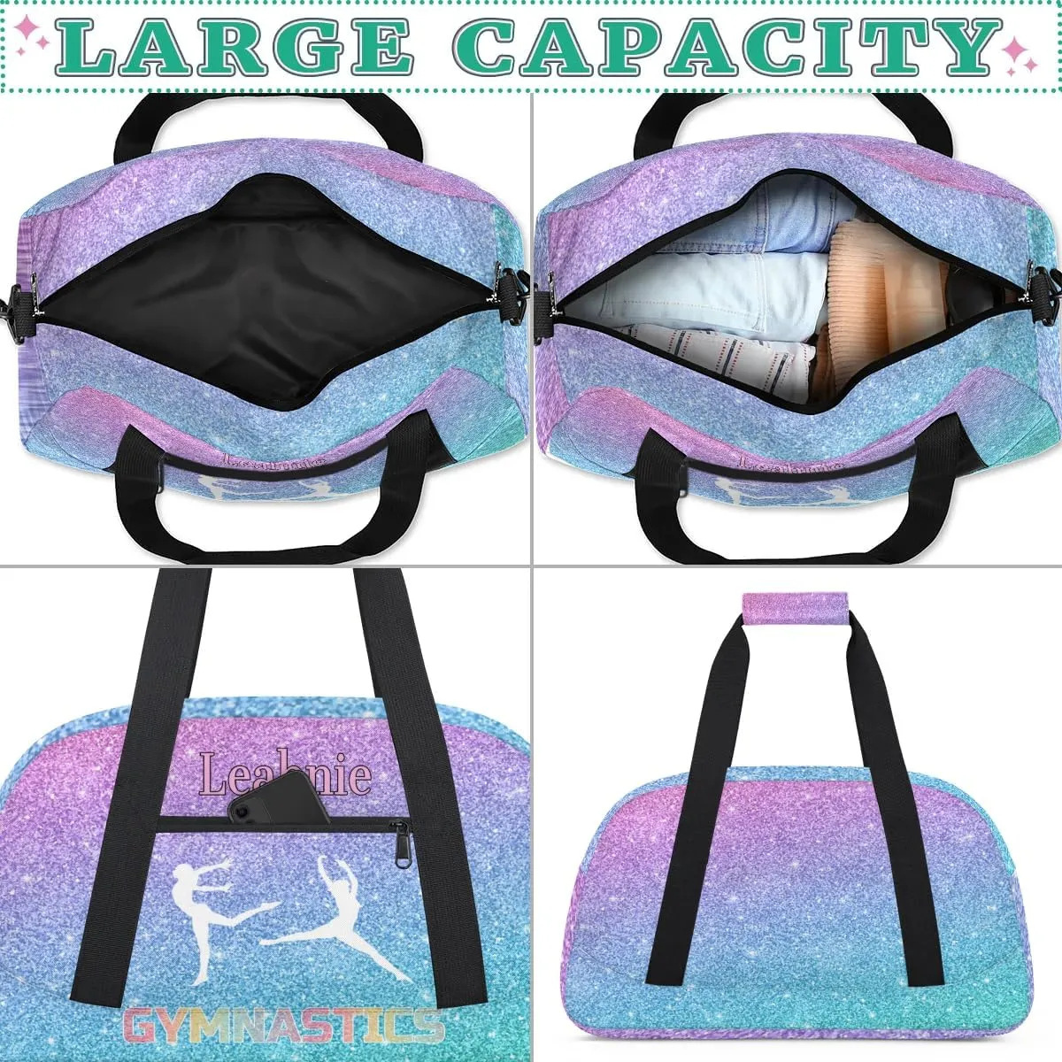 Personalized Gym Bag Girls, Custom Sport Duffel Bag Dance Bag Weekender Bags Travel Duffel Bag GYMNASTICS, Gradient Blue Purple Glittering