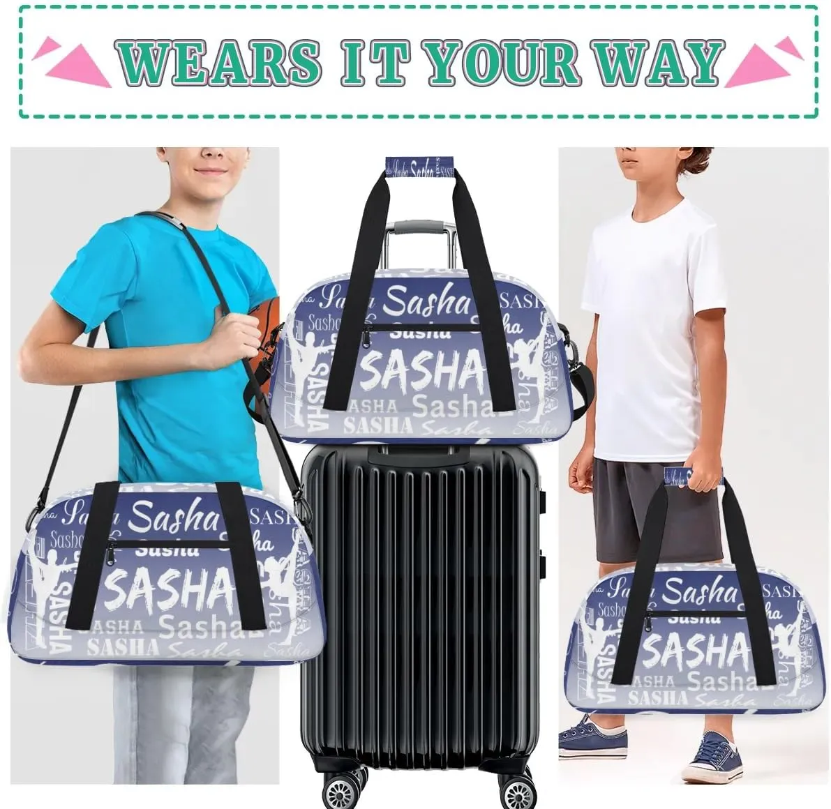 Personalized Gymnastics Bags Name, Custom Dance Duffel Bag Cheer Bags, Custom Sport Duffel Gym Bag Travel Weekender Bags Cobalt Blue Gradient