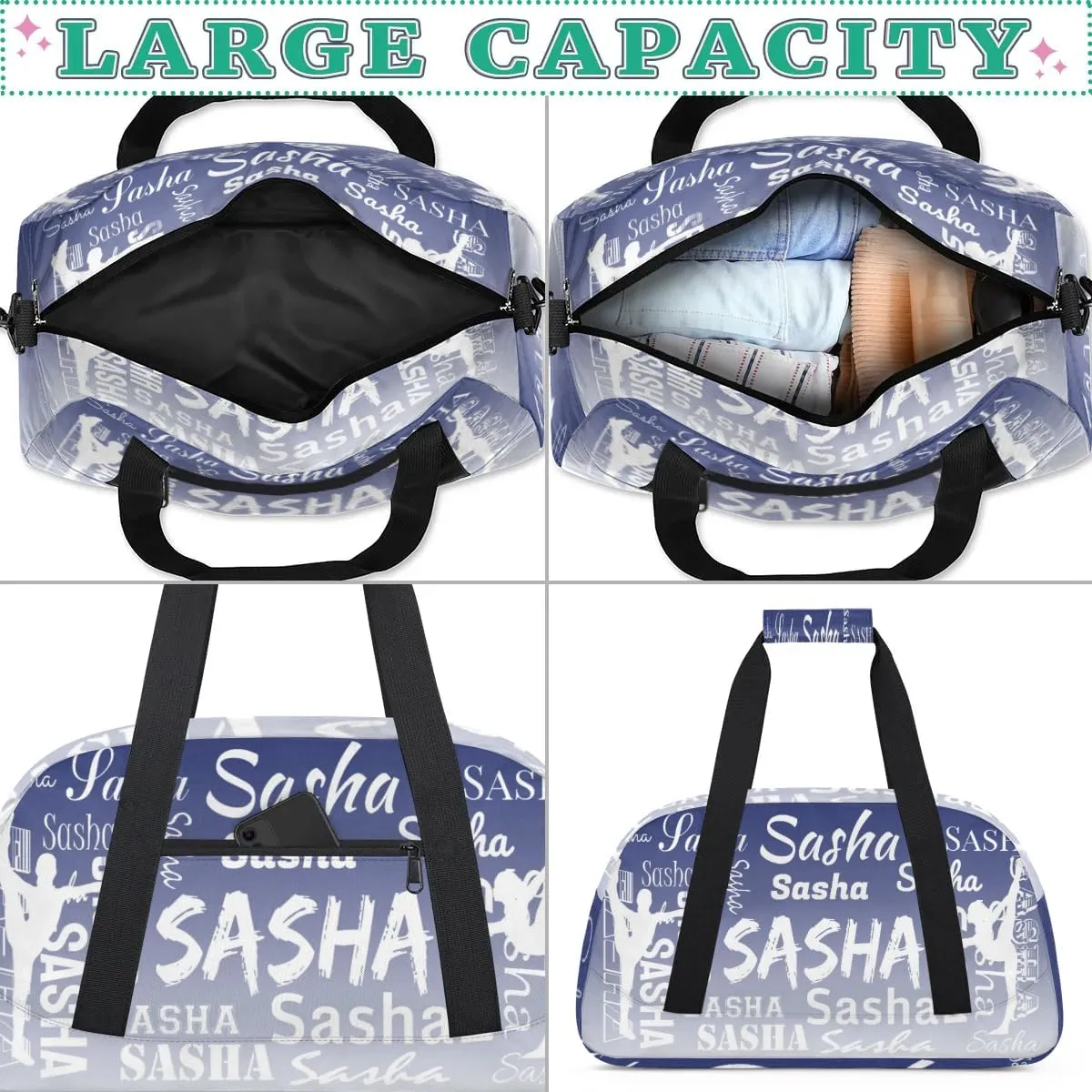 Personalized Gymnastics Bags Name, Custom Dance Duffel Bag Cheer Bags, Custom Sport Duffel Gym Bag Travel Weekender Bags Cobalt Blue Gradient