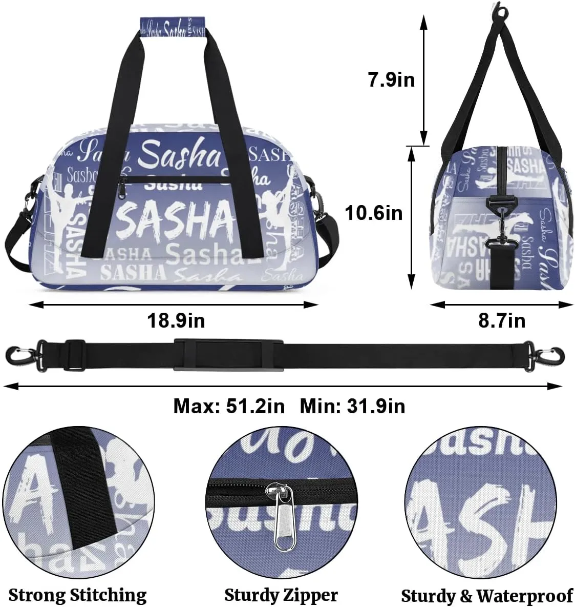 Personalized Gymnastics Bags Name, Custom Dance Duffel Bag Cheer Bags, Custom Sport Duffel Gym Bag Travel Weekender Bags Cobalt Blue Gradient
