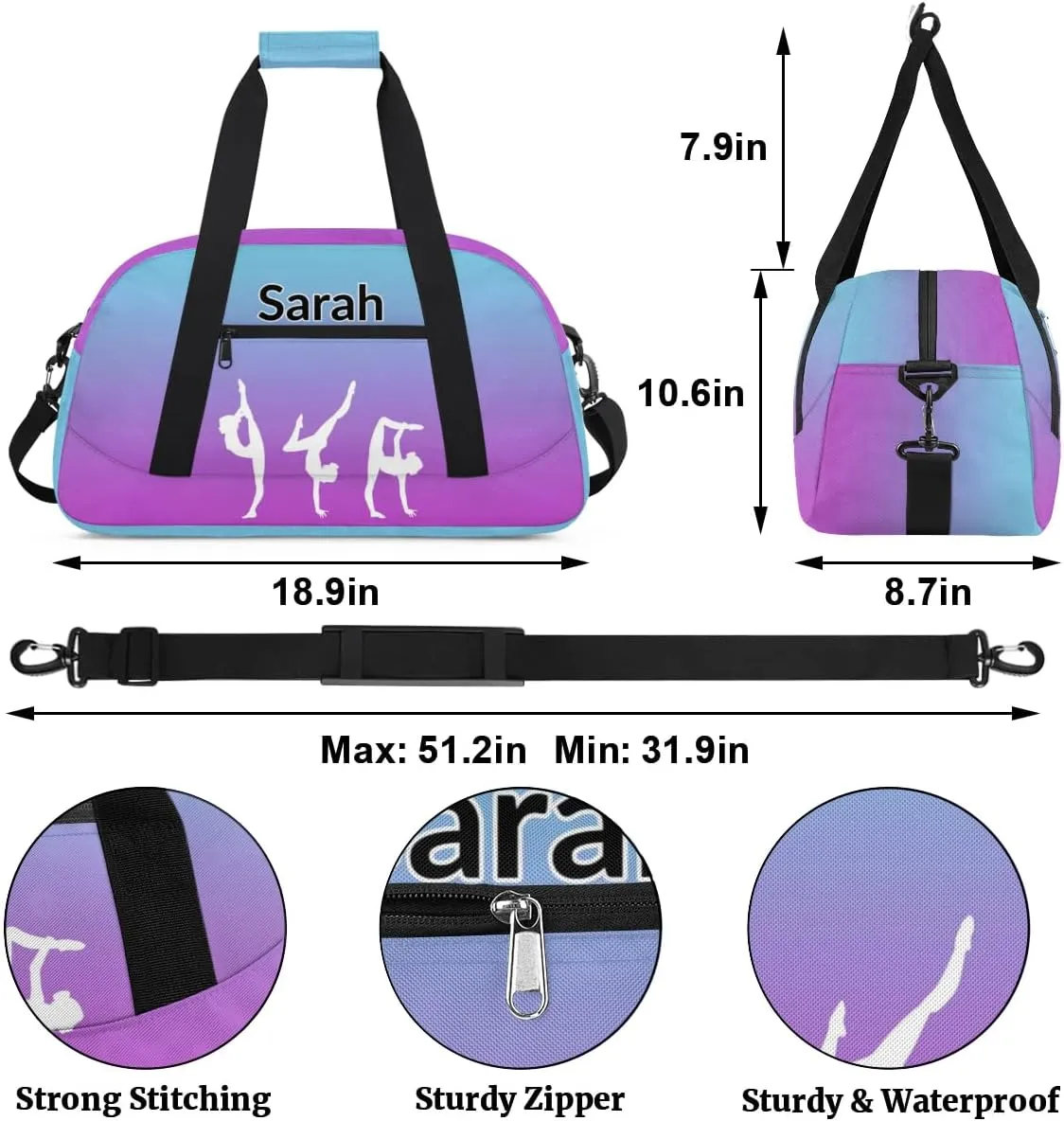 Personalized Gymnastics Dance Bag Gym Bag, Custom Sports Duffel Bags Weekender Bags Travel Duffel Bag Custom Neme Gymnastics Ballet Bag, Blue Purple Gradient
