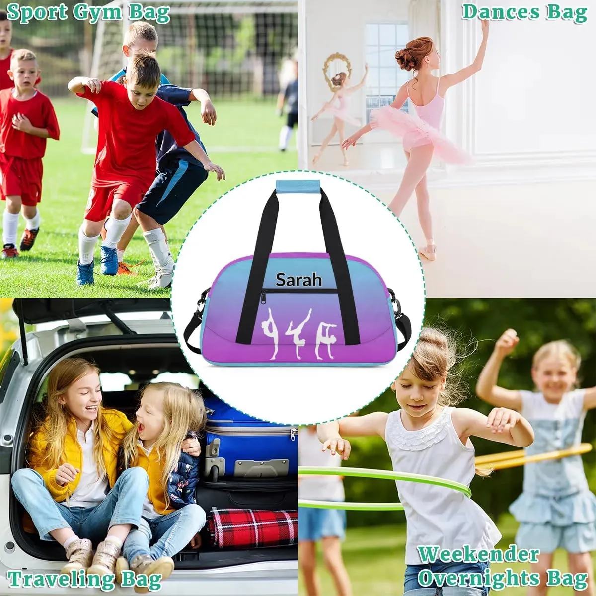 Personalized Gymnastics Dance Bag Gym Bag, Custom Sports Duffel Bags Weekender Bags Travel Duffel Bag Custom Neme Gymnastics Ballet Bag, Blue Purple Gradient
