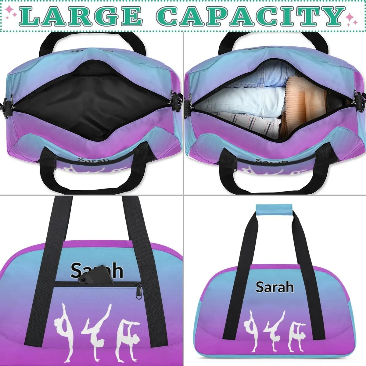 Personalized Gymnastics Dance Bag Gym Bag, Custom Sports Duffel Bags Weekender Bags Travel Duffel Bag Custom Neme Gymnastics Ballet Bag, Blue Purple Gradient