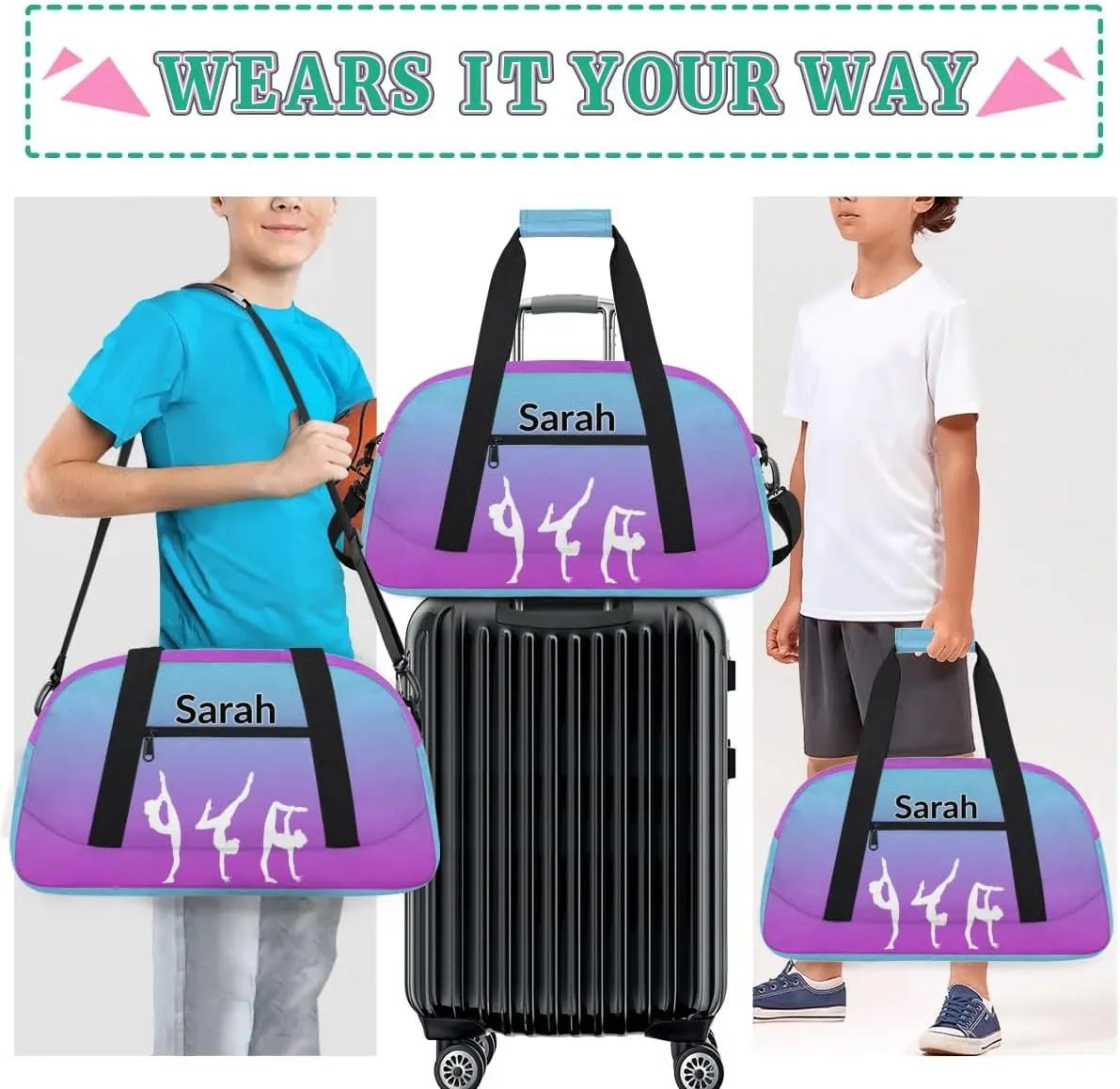 Personalized Gymnastics Dance Bag Gym Bag, Custom Sports Duffel Bags Weekender Bags Travel Duffel Bag Custom Neme Gymnastics Ballet Bag, Blue Purple Gradient