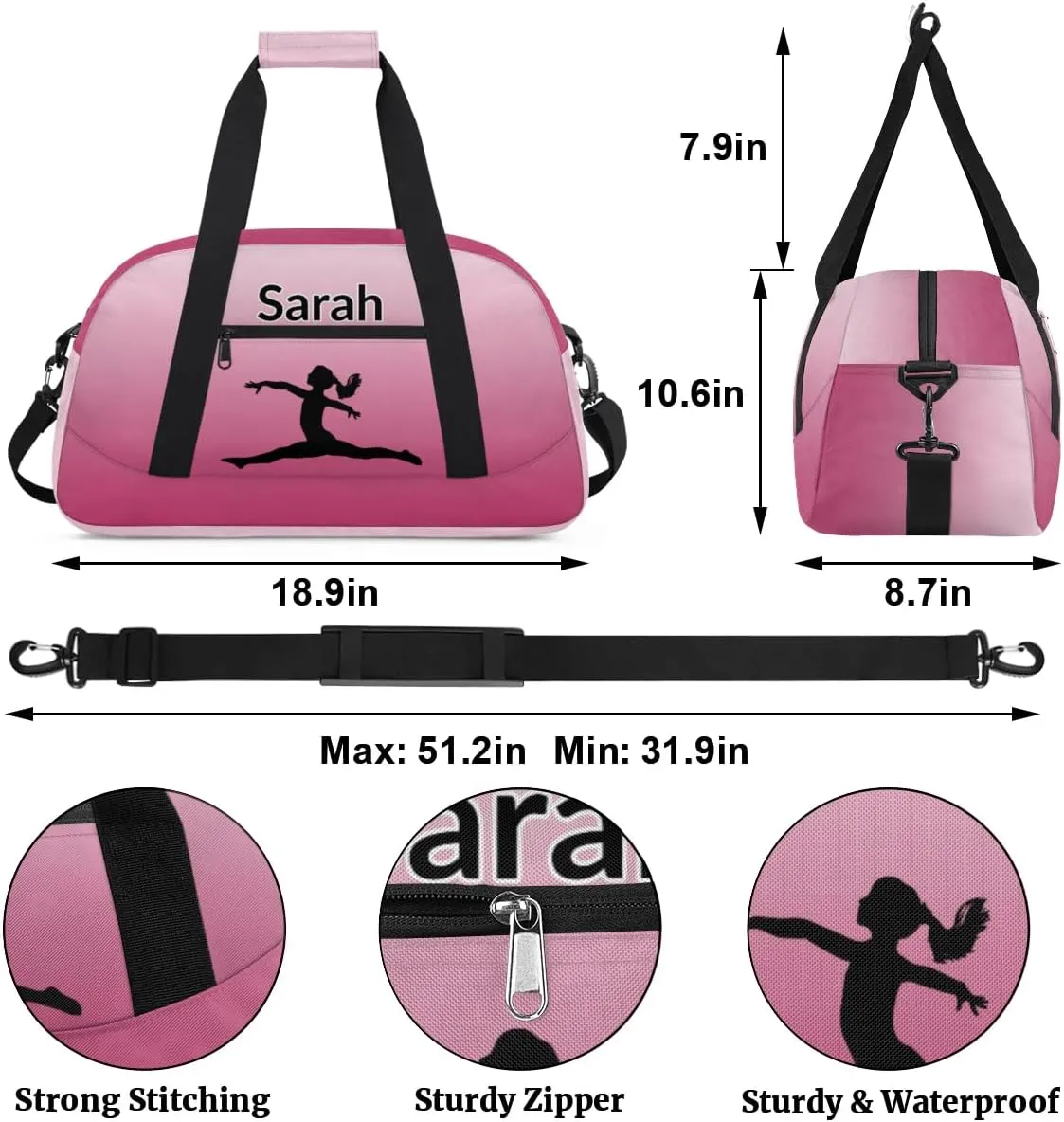 Personalized Gymnastics Dance Bag Gym Bag, Custom Sports Duffel Bags Weekender Bags Travel Duffel Bag Custom Neme Gymnastics Ballet Bag, Dark Pink Gradient