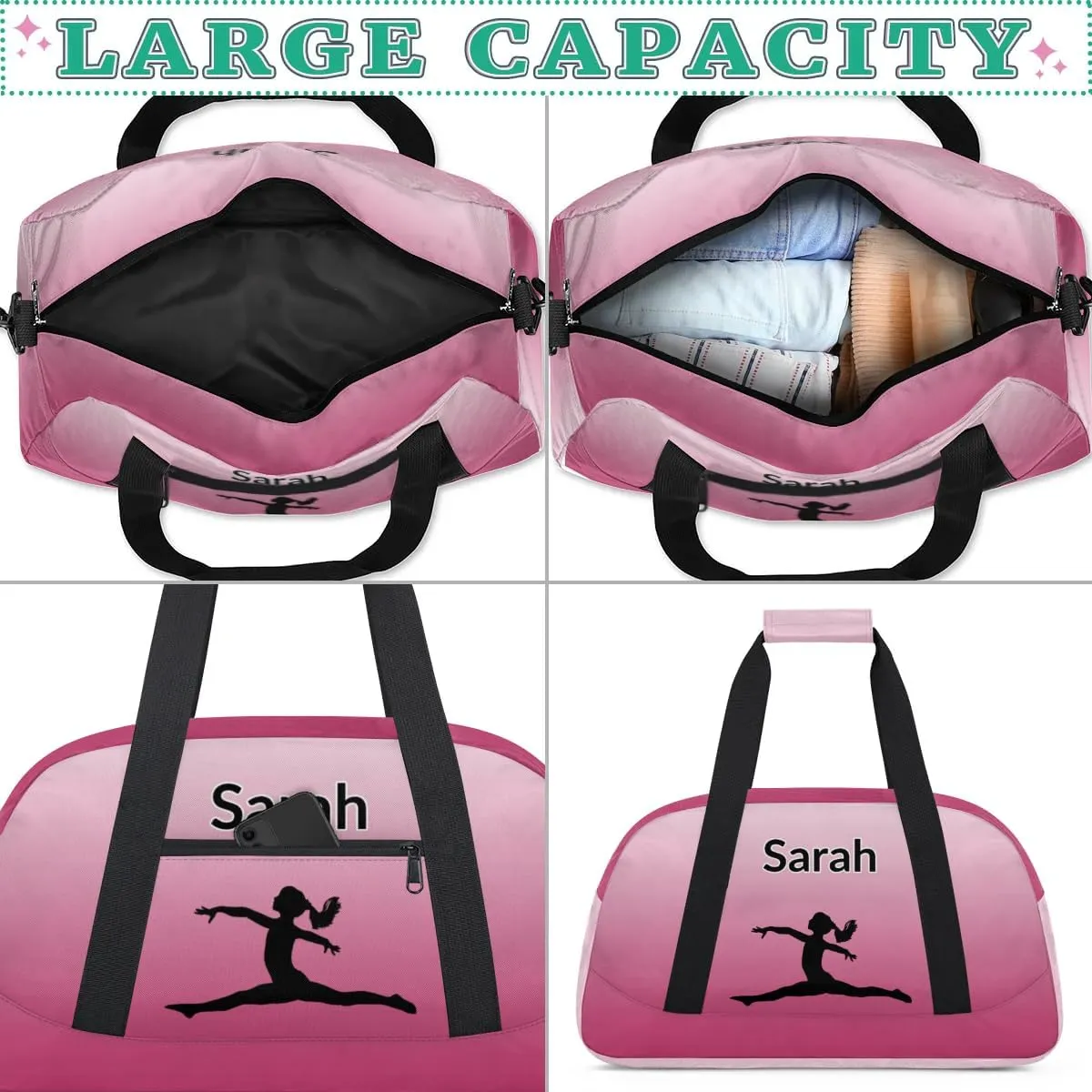 Personalized Gymnastics Dance Bag Gym Bag, Custom Sports Duffel Bags Weekender Bags Travel Duffel Bag Custom Neme Gymnastics Ballet Bag, Dark Pink Gradient