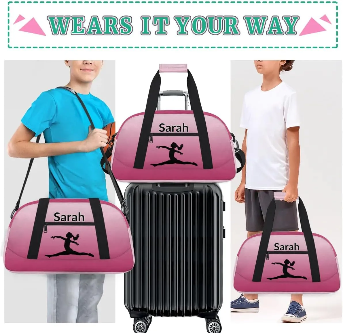 Personalized Gymnastics Dance Bag Gym Bag, Custom Sports Duffel Bags Weekender Bags Travel Duffel Bag Custom Neme Gymnastics Ballet Bag, Dark Pink Gradient