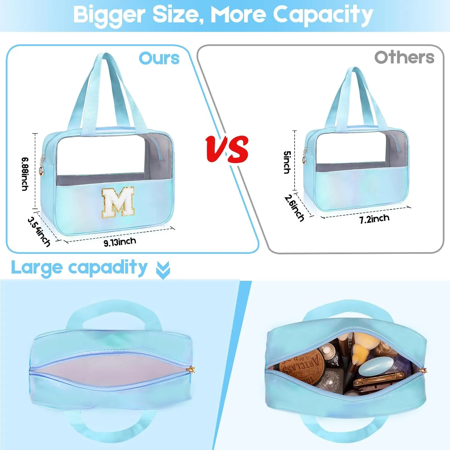 Personalized Initial Clear Makeup Bag Blue Cosmetic Bag Set Large Travel Toiletry Bag, Cute Clear Make Up Bags Organizer Bag for Girlfriend Teacher Gifts Teen Girl Gifts Trendy Stuff A (Blue)