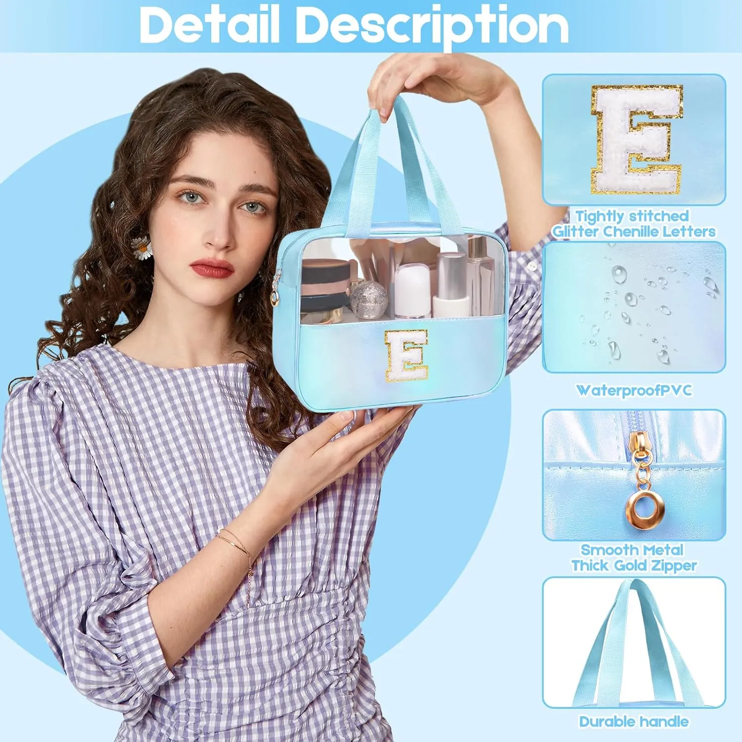 Personalized Initial Clear Makeup Bag Blue Cosmetic Bag Set Large Travel Toiletry Bag, Cute Clear Make Up Bags Organizer Bag for Girlfriend Teacher Gifts Teen Girl Gifts Trendy Stuff A (Blue)