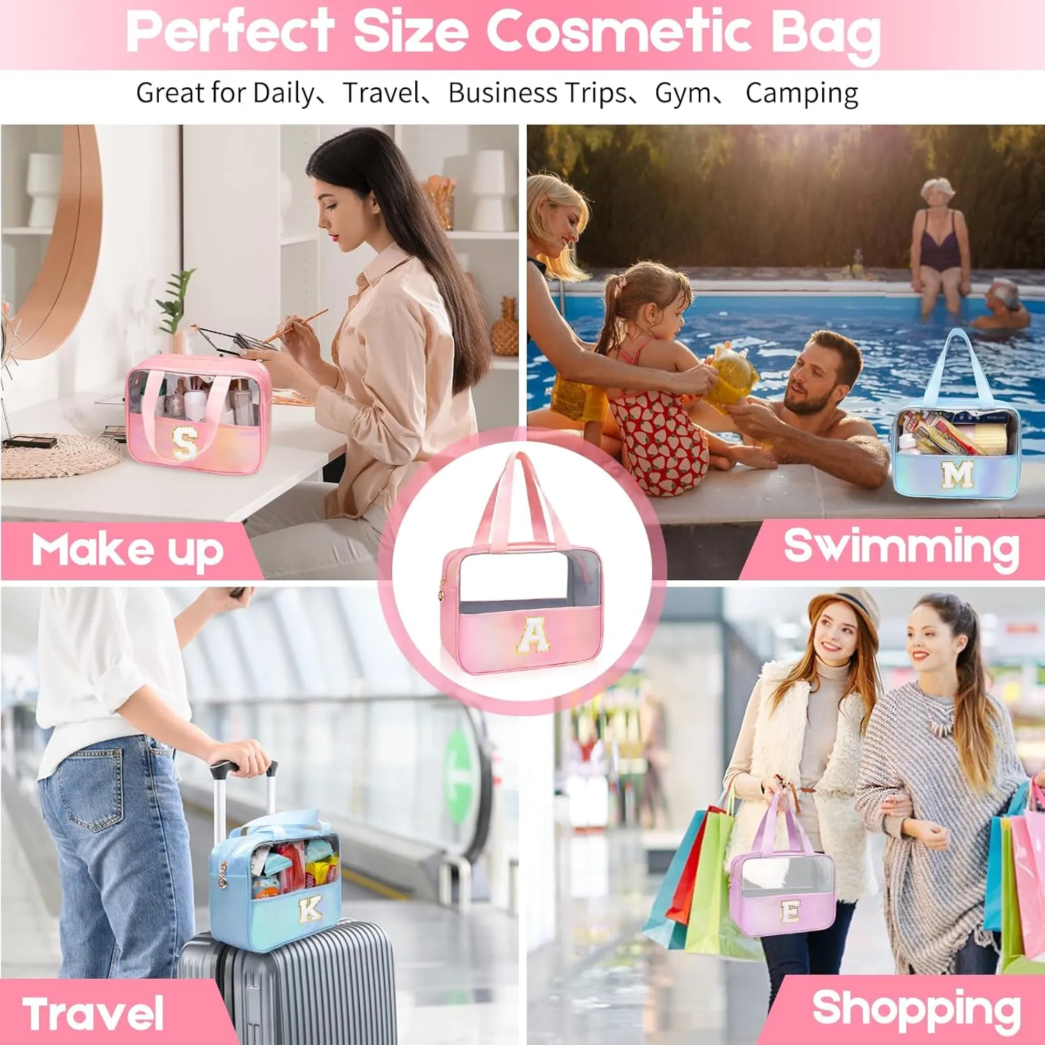 Personalized Initial Clear Makeup Bag Blue Cosmetic Bag Set Large Travel Toiletry Bag, Cute Clear Make Up Bags Organizer Bag for Girlfriend Teacher Gifts Teen Girl Gifts Trendy Stuff A (Blue)