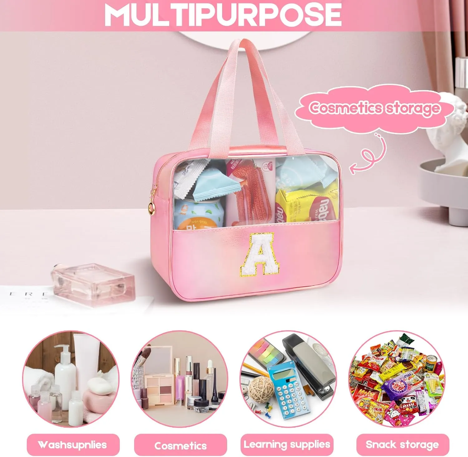 Personalized Initial Clear Makeup Bag Blue Cosmetic Bag Set Large Travel Toiletry Bag, Cute Clear Make Up Bags Organizer Bag for Girlfriend Teacher Gifts Teen Girl Gifts Trendy Stuff A (Blue)