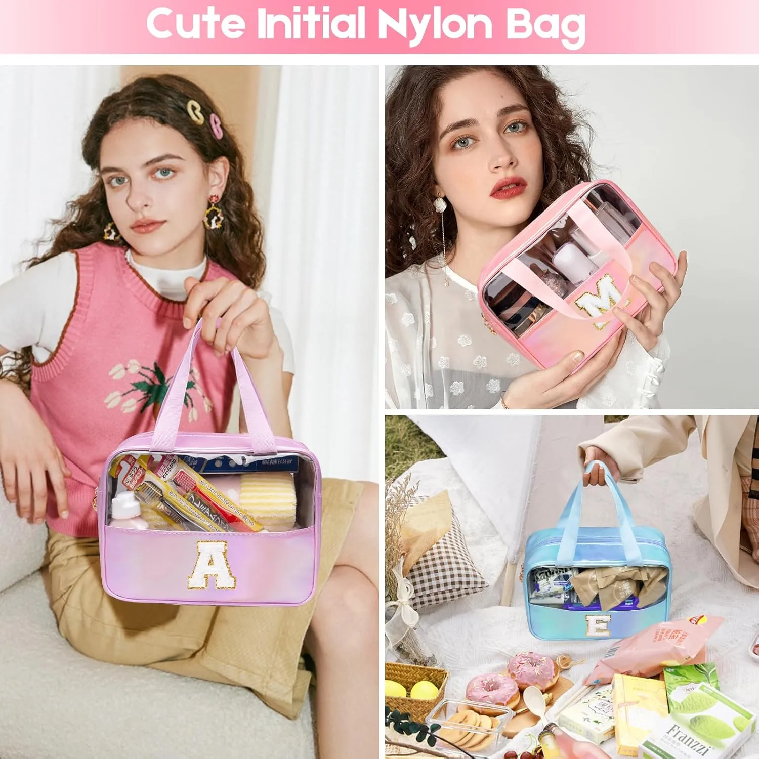 Personalized Initial Clear Makeup Bag Blue Cosmetic Bag Set Large Travel Toiletry Bag, Cute Clear Make Up Bags Organizer Bag for Girlfriend Teacher Gifts Teen Girl Gifts Trendy Stuff A (Blue)