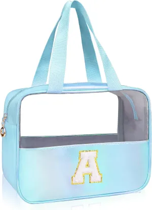 Personalized Initial Clear Makeup Bag Blue Cosmetic Bag Set Large Travel Toiletry Bag, Cute Clear Make Up Bags Organizer Bag for Girlfriend Teacher Gifts Teen Girl Gifts Trendy Stuff A (Blue)
