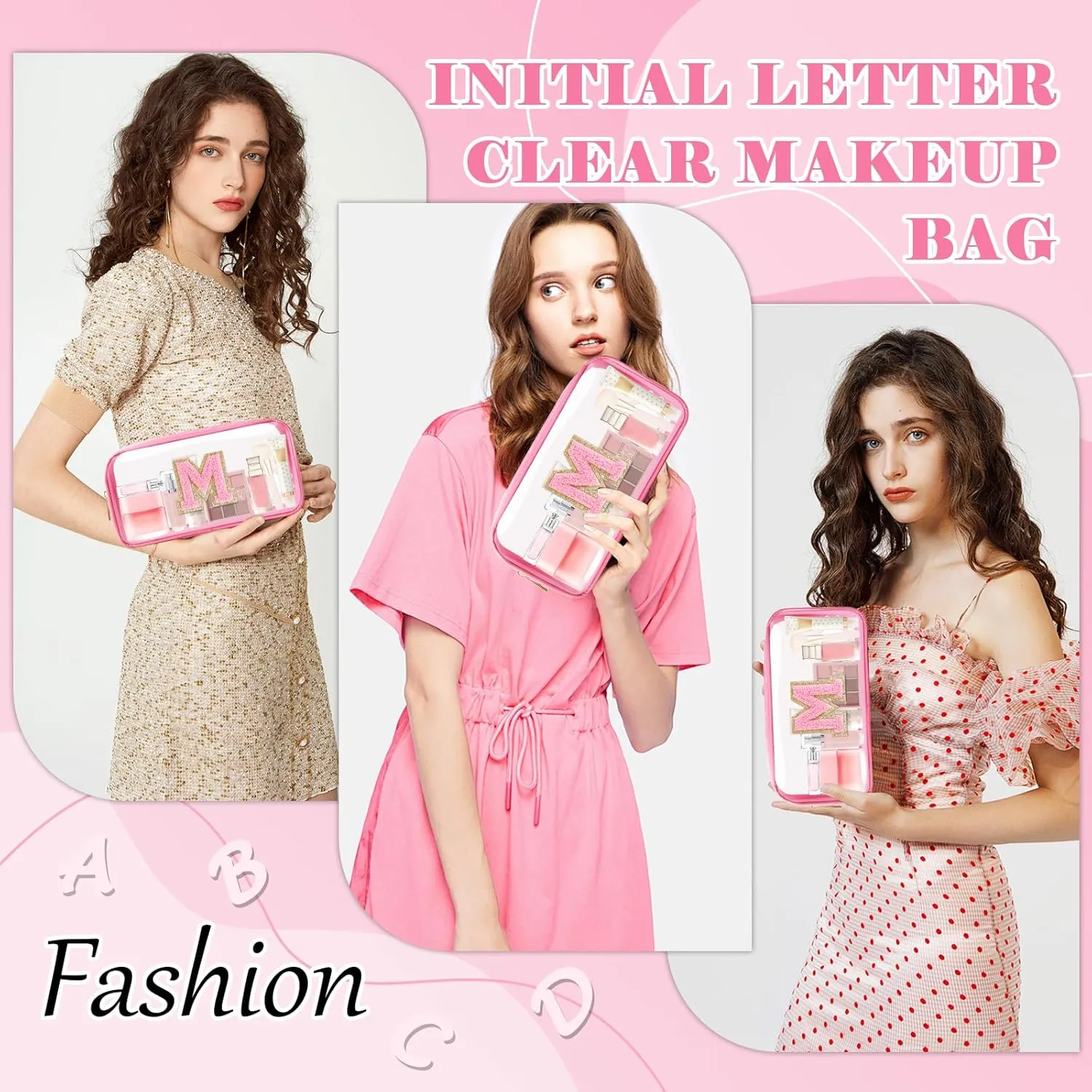 Personalized Initial Letter Clear Makeup Bag,Preppy Small Nylon&PVC Cosmetic Zipper Bag with Chenille Letter,Portable Beach Travel Skincare Toiletry Bag,Trendy Monogram Gift for Teen Girls Women,M