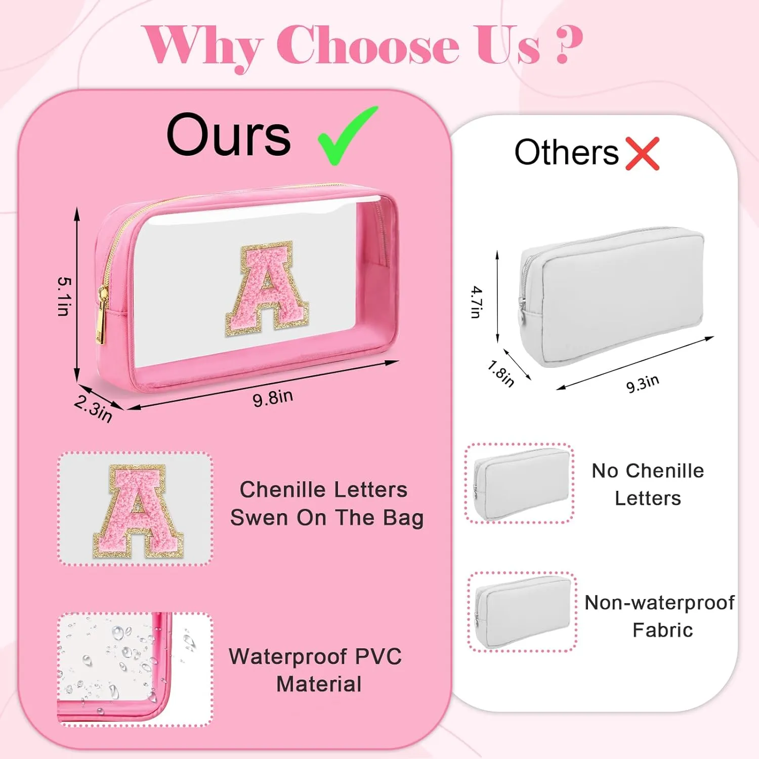 Personalized Initial Letter Clear Makeup Bag,Preppy Small Nylon&PVC Cosmetic Zipper Bag with Chenille Letter,Portable Beach Travel Skincare Toiletry Bag,Trendy Monogram Gift for Teen Girls Women,M