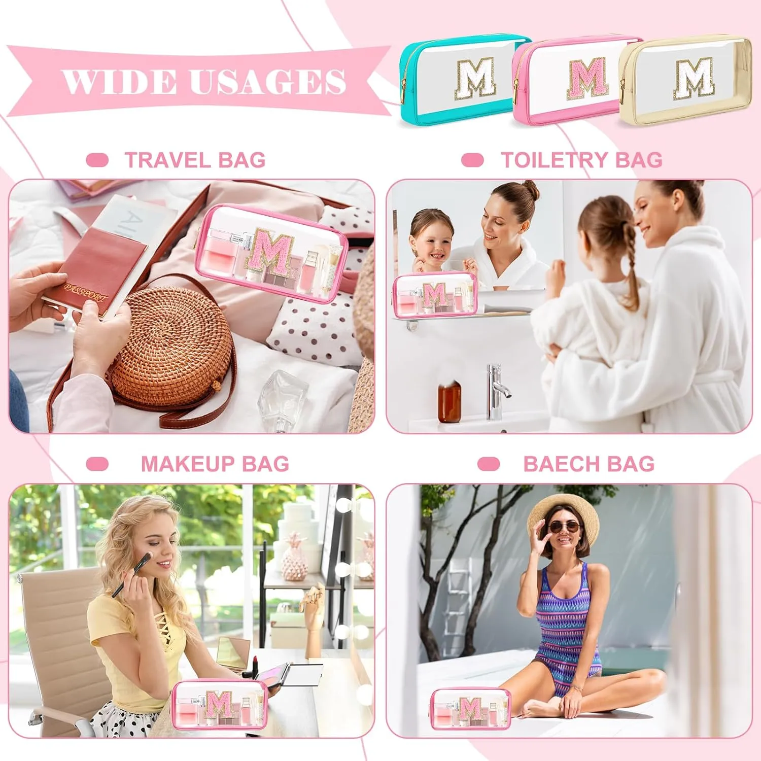 Personalized Initial Letter Clear Makeup Bag,Preppy Small Nylon&PVC Cosmetic Zipper Bag with Chenille Letter,Portable Beach Travel Skincare Toiletry Bag,Trendy Monogram Gift for Teen Girls Women,M