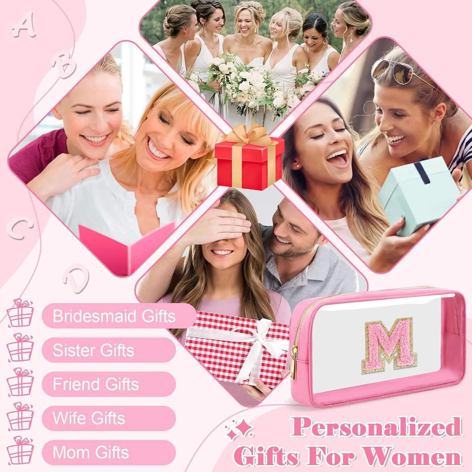 Personalized Initial Letter Clear Makeup Bag,Preppy Small Nylon&PVC Cosmetic Zipper Bag with Chenille Letter,Portable Beach Travel Skincare Toiletry Bag,Trendy Monogram Gift for Teen Girls Women,M