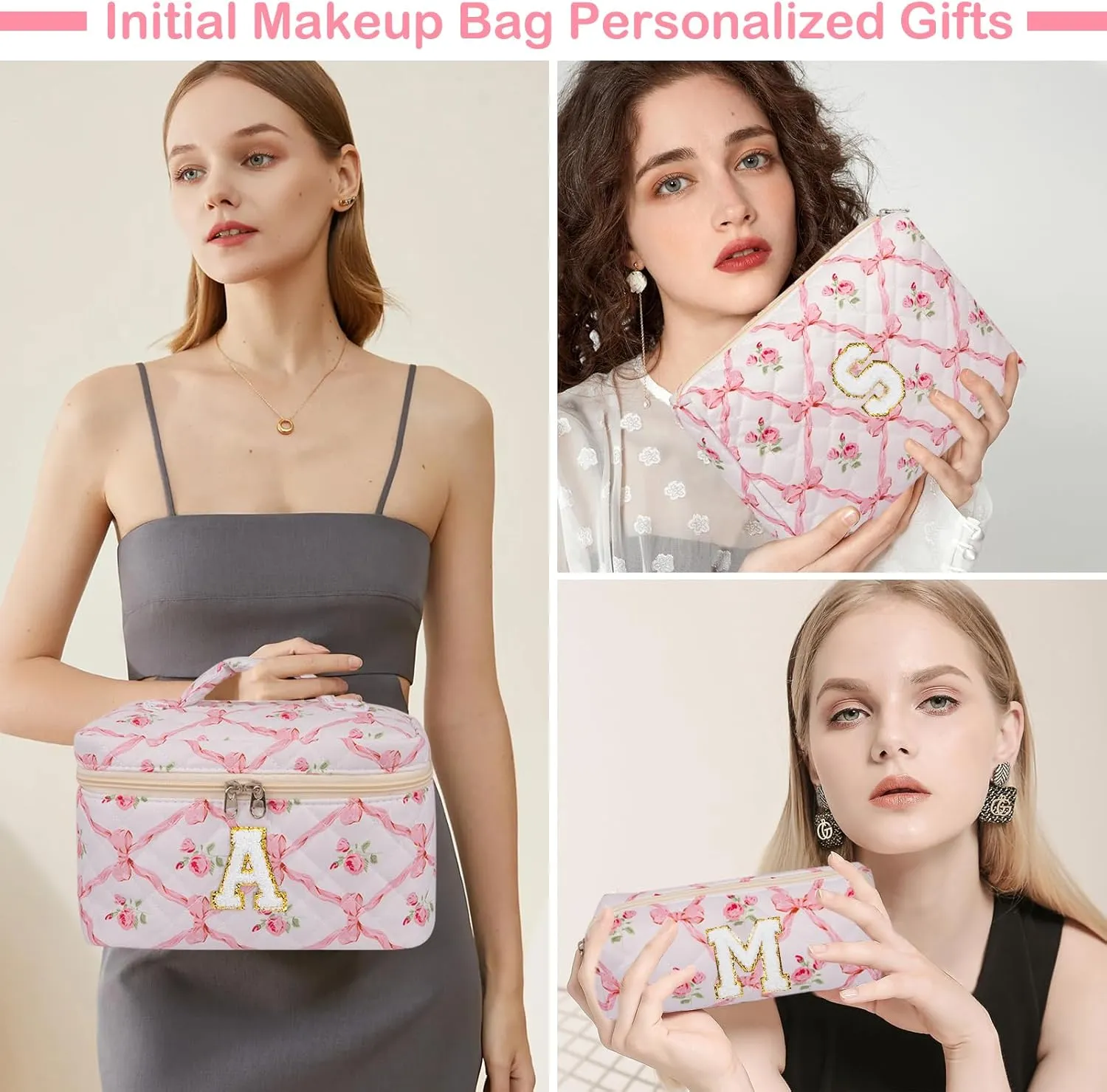 Personalized Initial Makeup Bag Set, Quilted Makeup Bag, Large Floral Cosmetic Bag for Women, Cute Cotton Custom Make up Bags, Flower Travel Toiletry Bag Teen Girl Gift Trendy Stuff Gift K