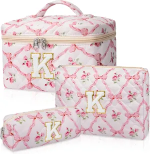 Personalized Initial Makeup Bag Set, Quilted Makeup Bag, Large Floral Cosmetic Bag for Women, Cute Cotton Custom Make up Bags, Flower Travel Toiletry Bag Teen Girl Gift Trendy Stuff Gift K