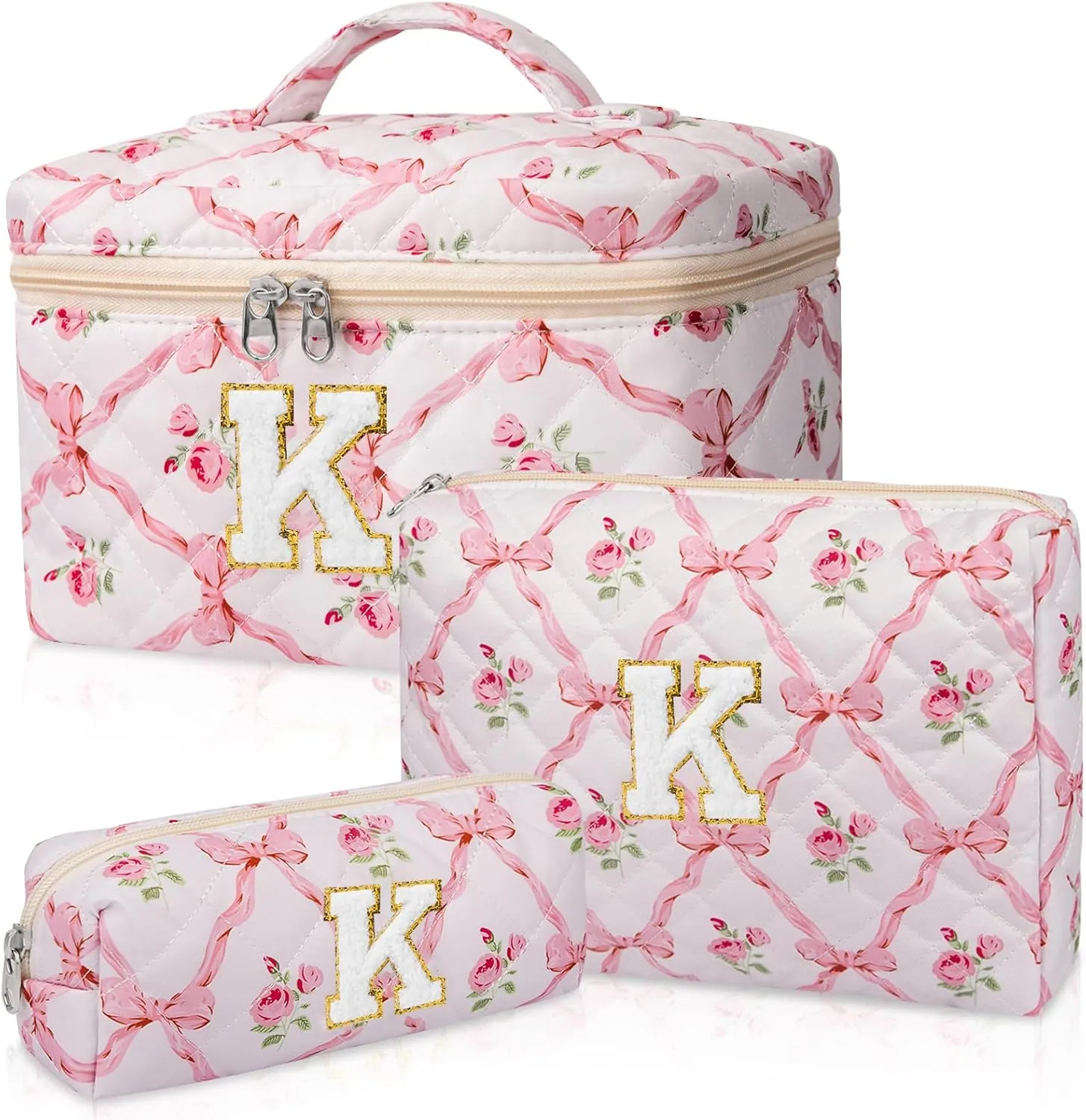 Personalized Initial Makeup Bag Set, Quilted Makeup Bag, Large Floral Cosmetic Bag for Women, Cute Cotton Custom Make up Bags, Flower Travel Toiletry Bag Teen Girl Gift Trendy Stuff Gift K