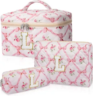 Personalized Initial Makeup Bag Set, Quilted Makeup Bag, Large Floral Cosmetic Bag for Women, Cute Cotton Custom Make up Bags, Flower Travel Toiletry Bag Teen Girl Gift Trendy Stuff Gift L