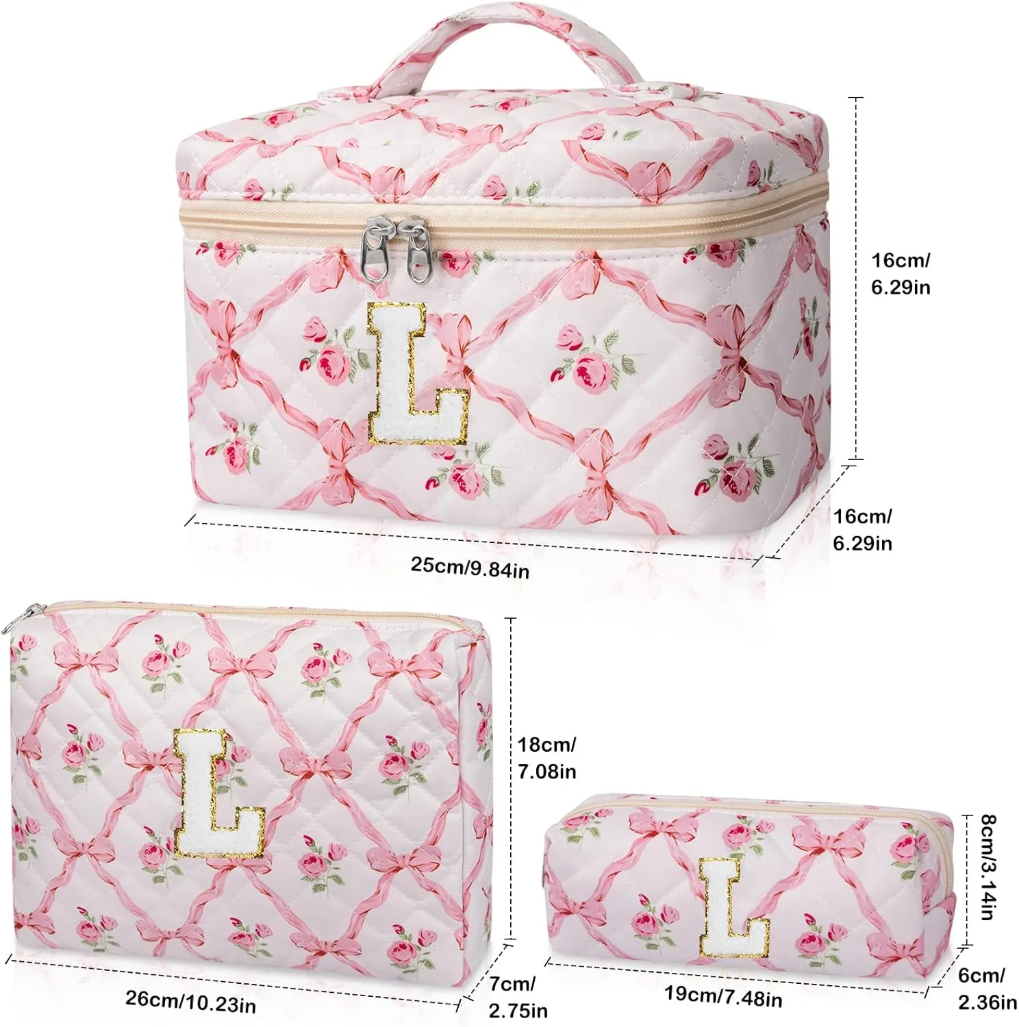 Personalized Initial Makeup Bag Set, Quilted Makeup Bag, Large Floral Cosmetic Bag for Women, Cute Cotton Custom Make up Bags, Flower Travel Toiletry Bag Teen Girl Gift Trendy Stuff Gift L