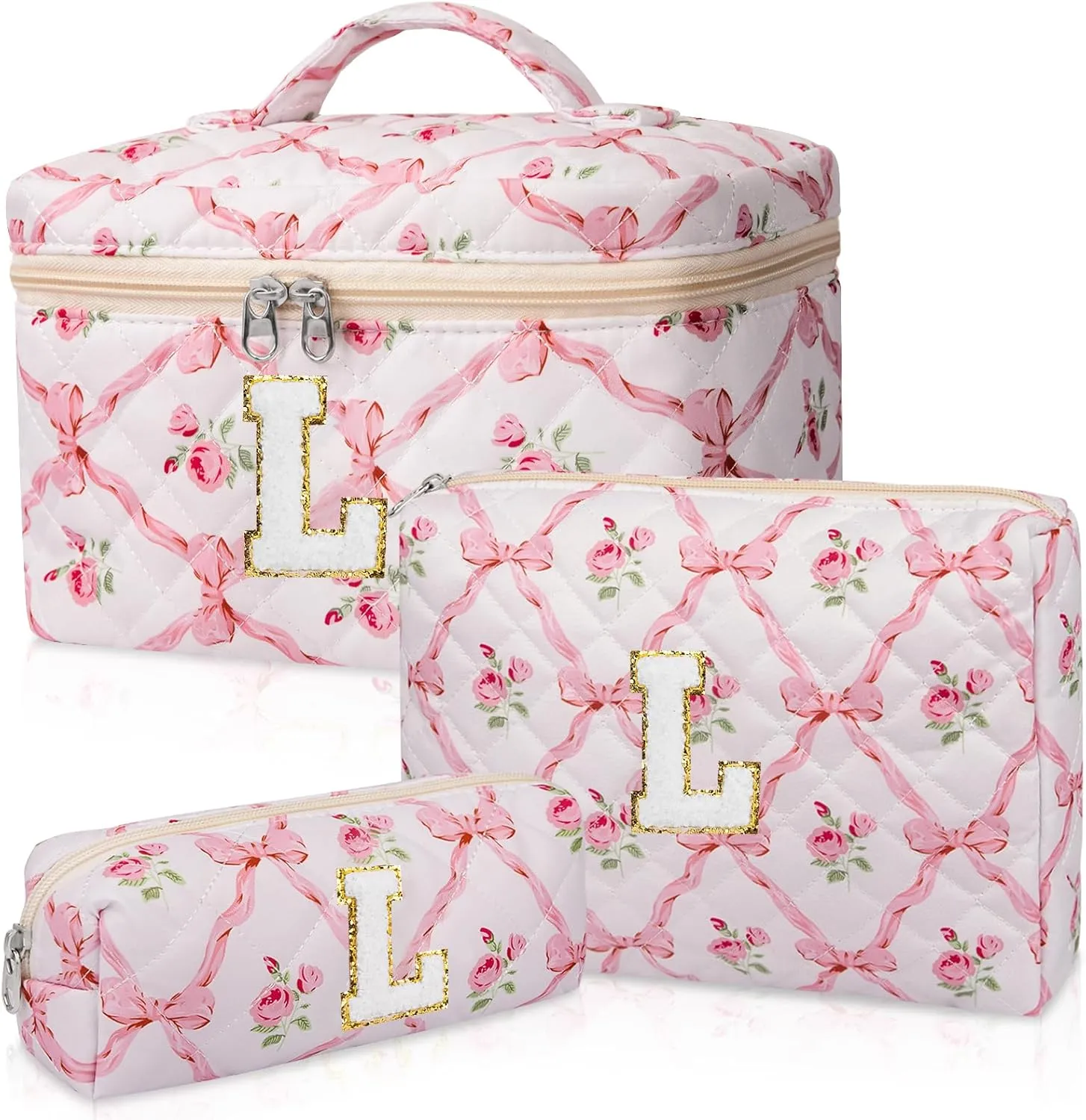 Personalized Initial Makeup Bag Set, Quilted Makeup Bag, Large Floral Cosmetic Bag for Women, Cute Cotton Custom Make up Bags, Flower Travel Toiletry Bag Teen Girl Gift Trendy Stuff Gift L