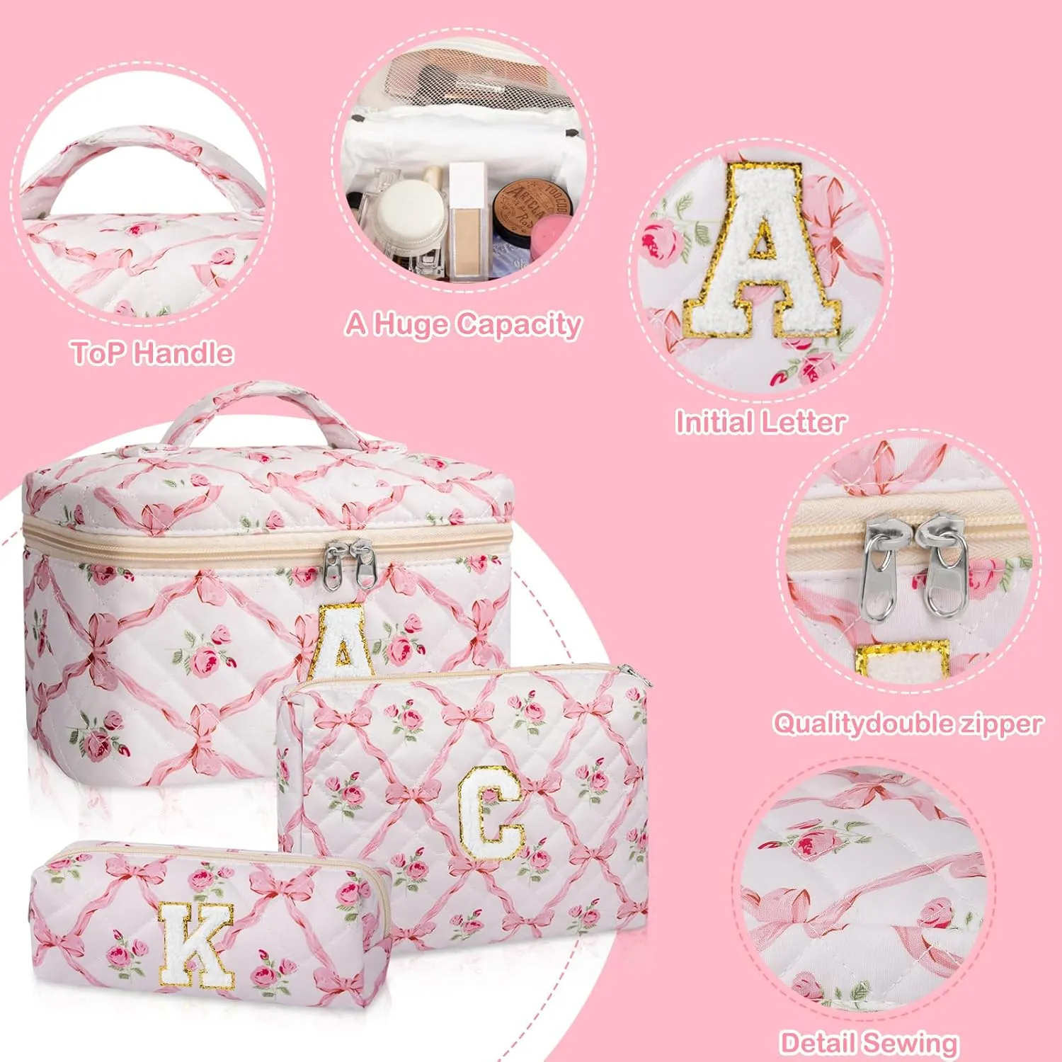 Personalized Initial Makeup Bag Set, Quilted Makeup Bag, Large Floral Cosmetic Bag for Women, Cute Cotton Custom Make up Bags, Flower Travel Toiletry Bag Teen Girl Gift Trendy Stuff Gift L