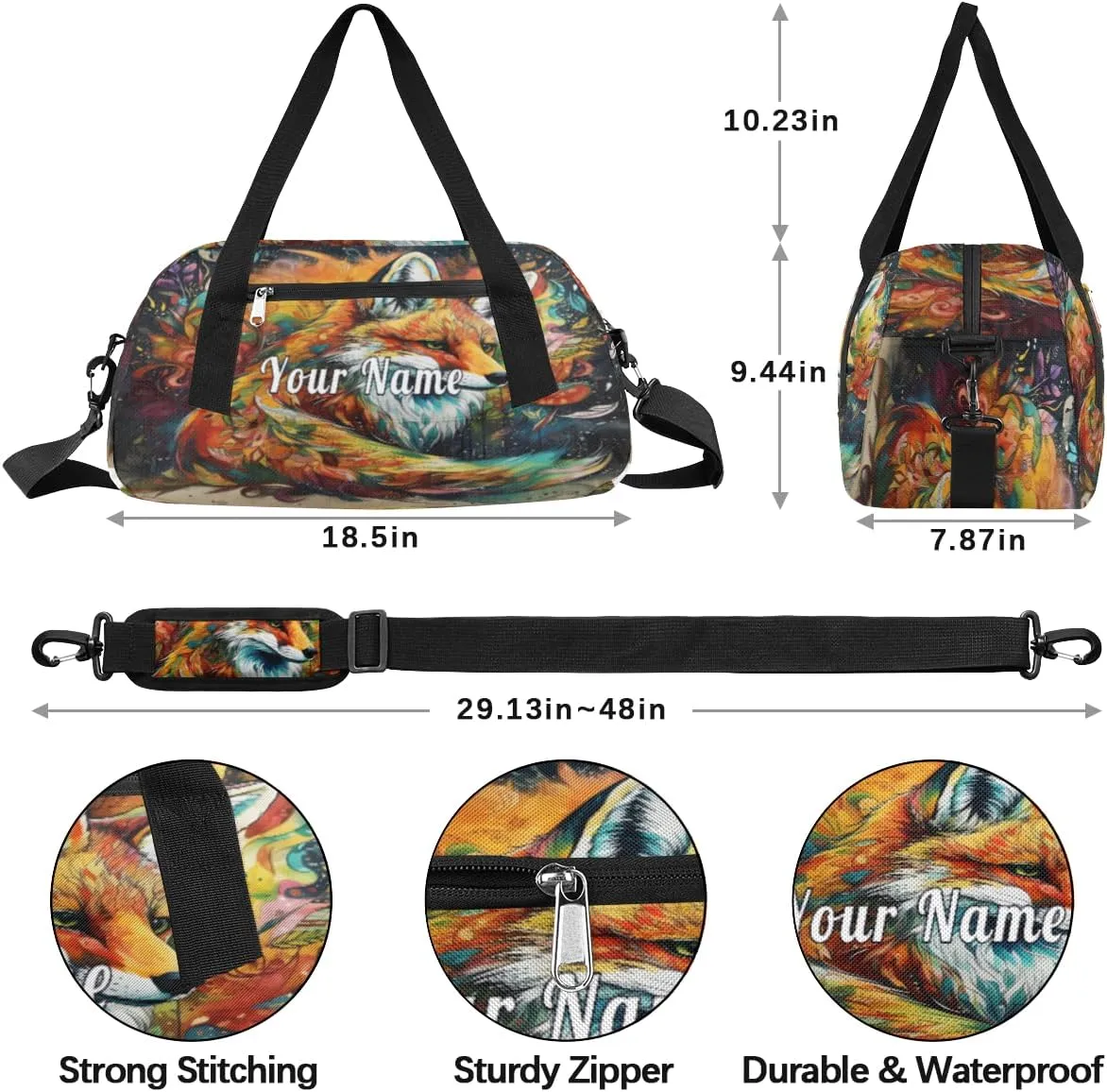 Personalized Kids Duffel Bag Art Watercolor Fox,Custom Sport Gym Bag for Boys Girls,WWeekender Overnight Bags Travel Duffel Bag,Customized Kids Gift