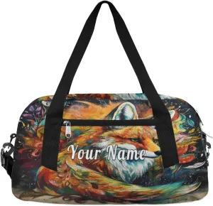 Personalized Kids Duffel Bag Art Watercolor Fox,Custom Sport Gym Bag for Boys Girls,WWeekender Overnight Bags Travel Duffel Bag,Customized Kids Gift