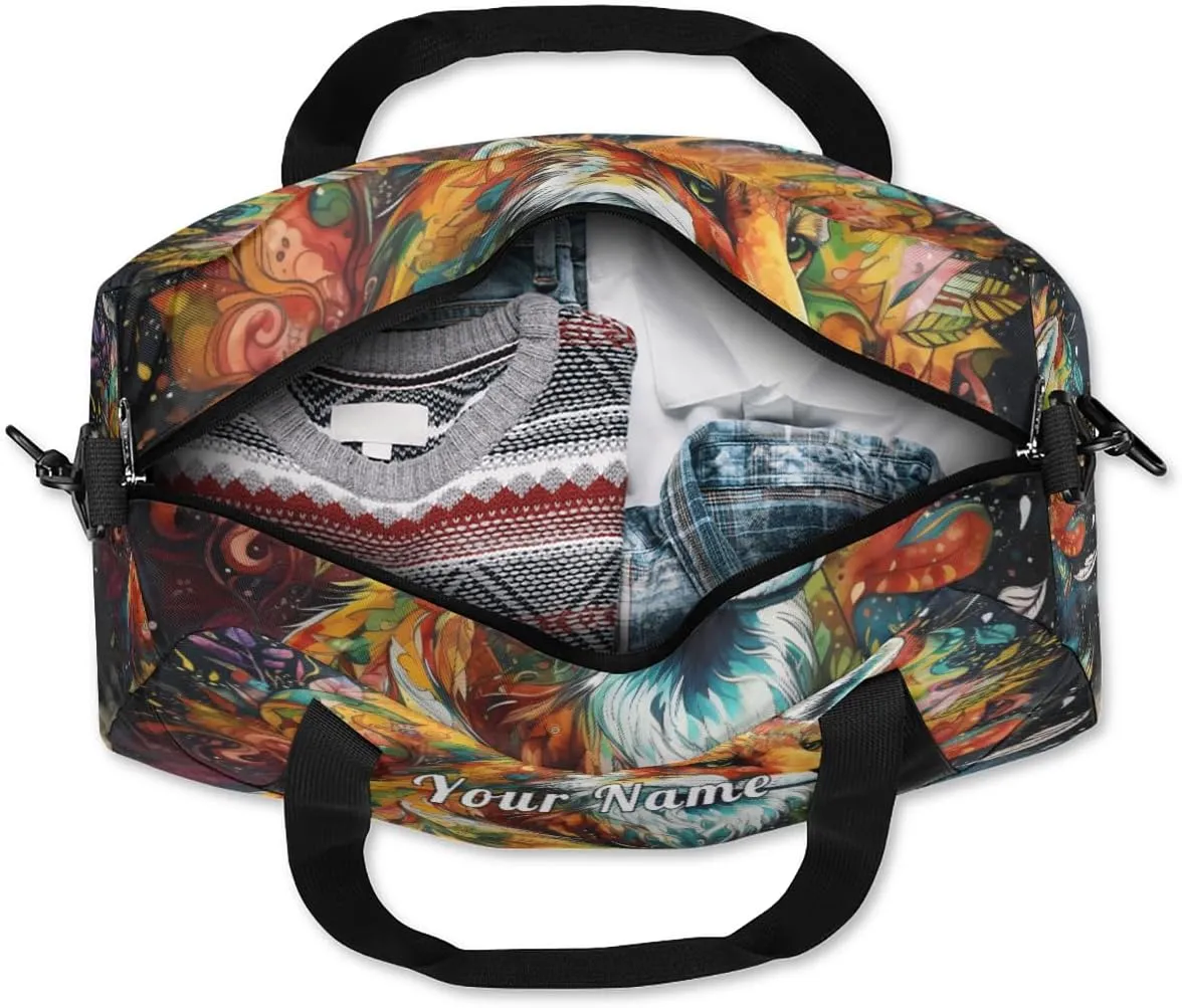 Personalized Kids Duffel Bag Art Watercolor Fox,Custom Sport Gym Bag for Boys Girls,WWeekender Overnight Bags Travel Duffel Bag,Customized Kids Gift