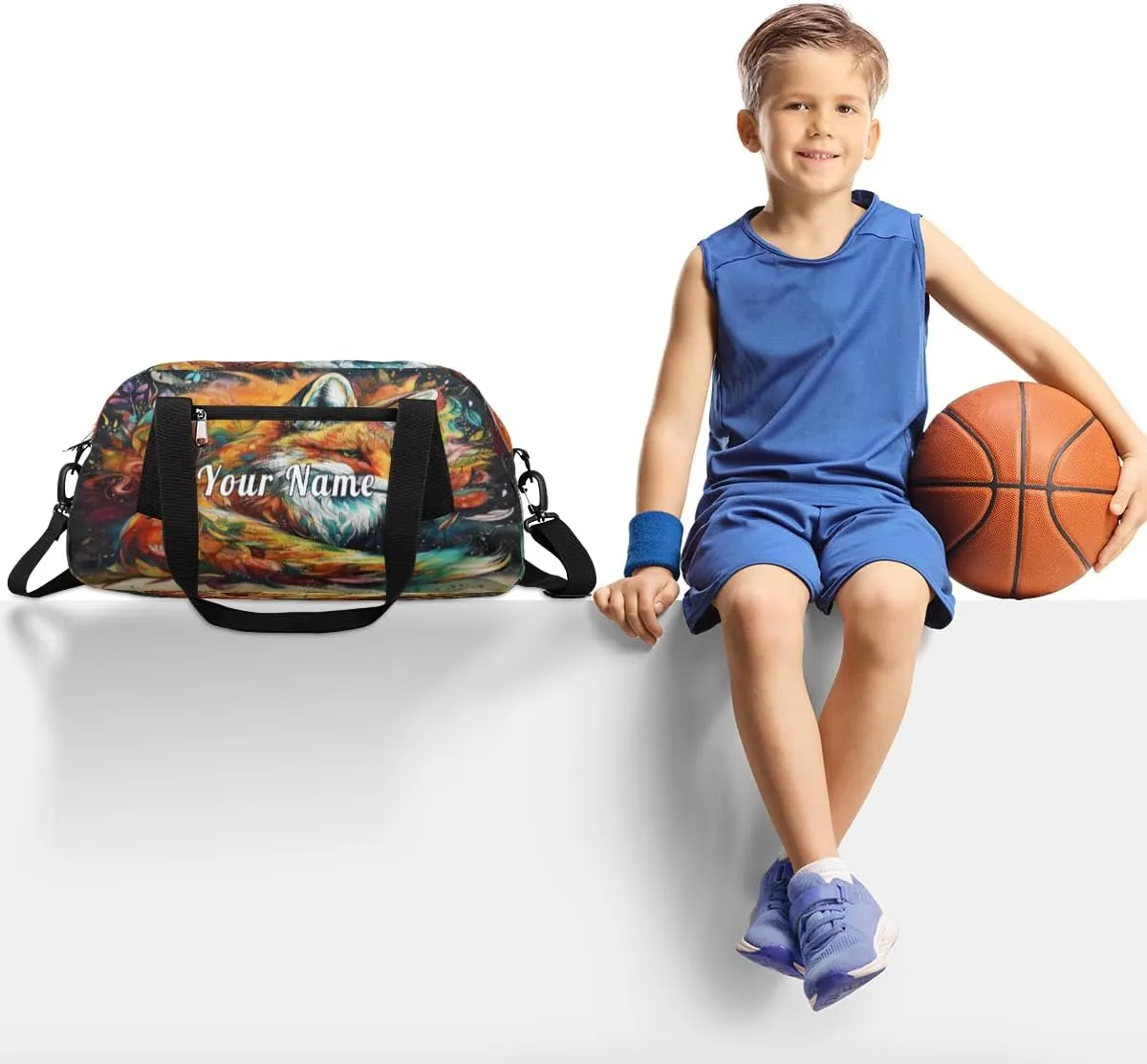 Personalized Kids Duffel Bag Art Watercolor Fox,Custom Sport Gym Bag for Boys Girls,WWeekender Overnight Bags Travel Duffel Bag,Customized Kids Gift