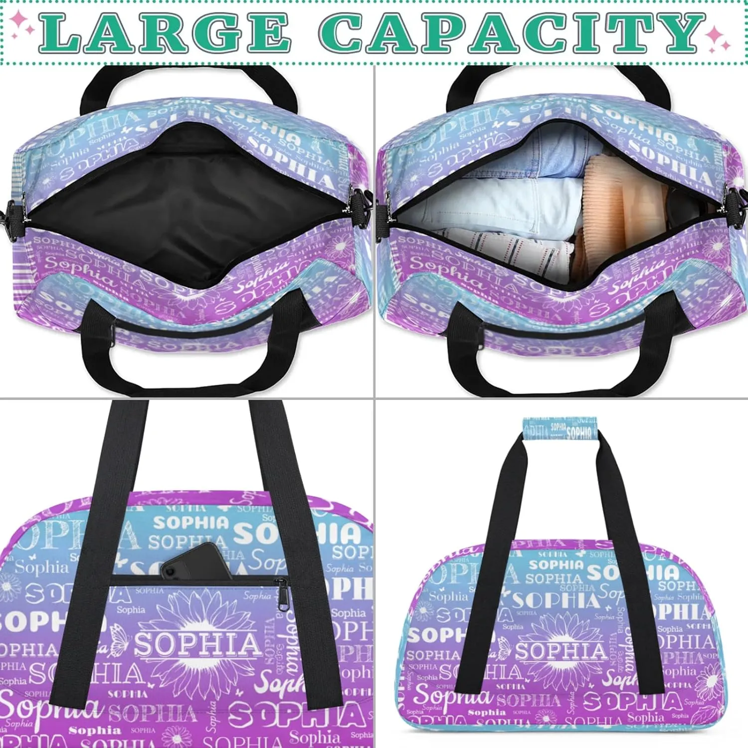 Personalized Name Duffel Bag Sports Gym Bags Dance Duffel Bags with Sunflower, Travel Overnight Carry-On Duffel Bag for Women Men, Blue Purple Gradient