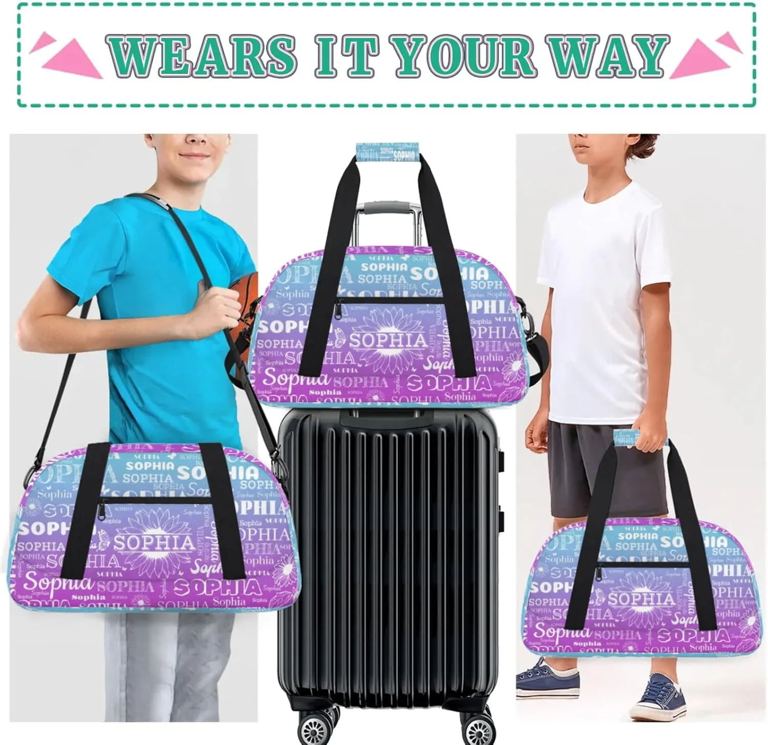 Personalized Name Duffel Bag Sports Gym Bags Dance Duffel Bags with Sunflower, Travel Overnight Carry-On Duffel Bag for Women Men, Blue Purple Gradient