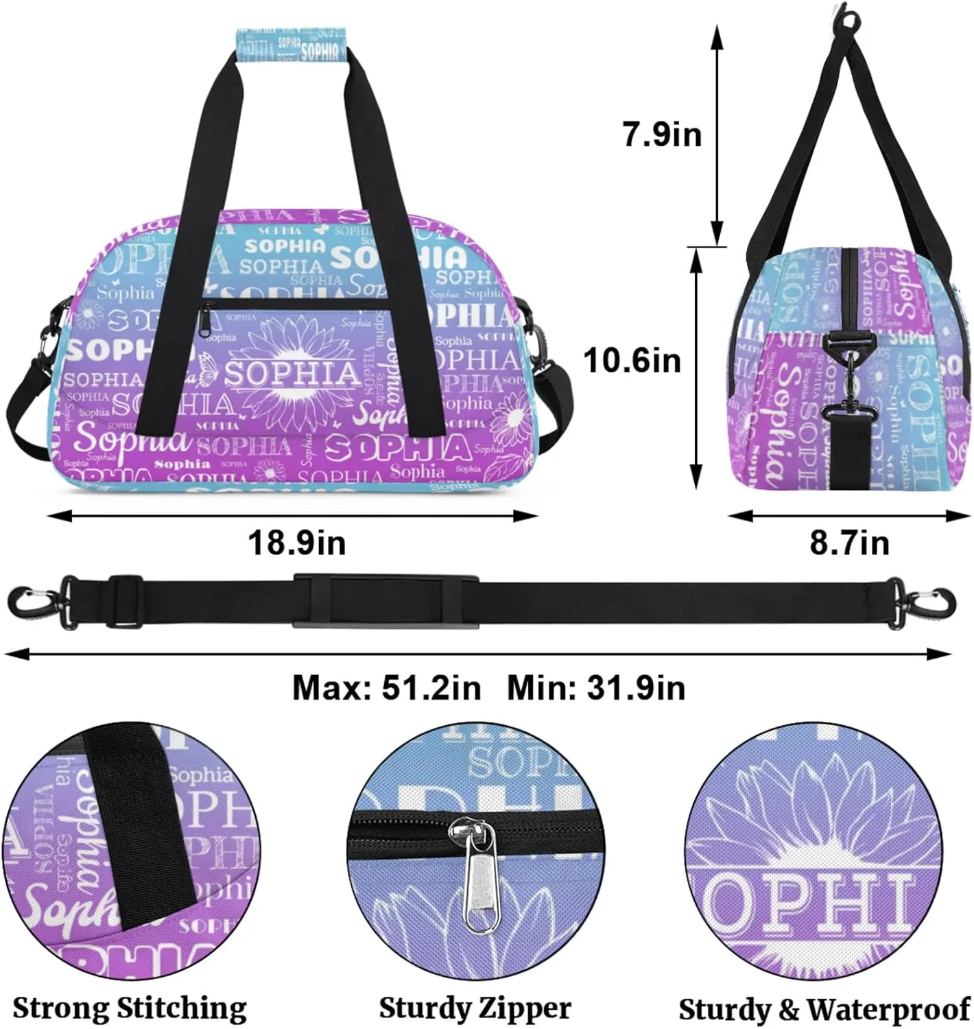 Personalized Name Duffel Bag Sports Gym Bags Dance Duffel Bags with Sunflower, Travel Overnight Carry-On Duffel Bag for Women Men, Blue Purple Gradient