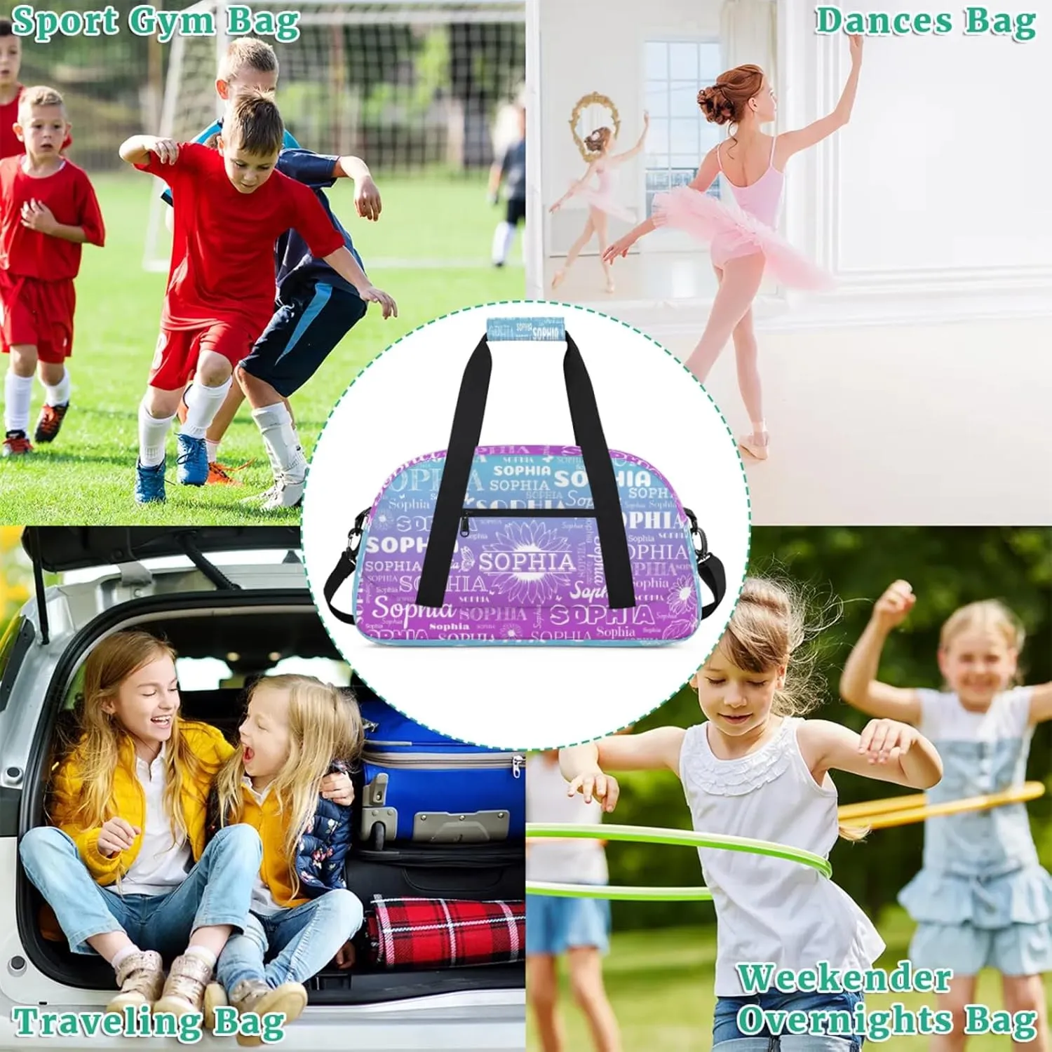 Personalized Name Duffel Bag Sports Gym Bags Dance Duffel Bags with Sunflower, Travel Overnight Carry-On Duffel Bag for Women Men, Blue Purple Gradient