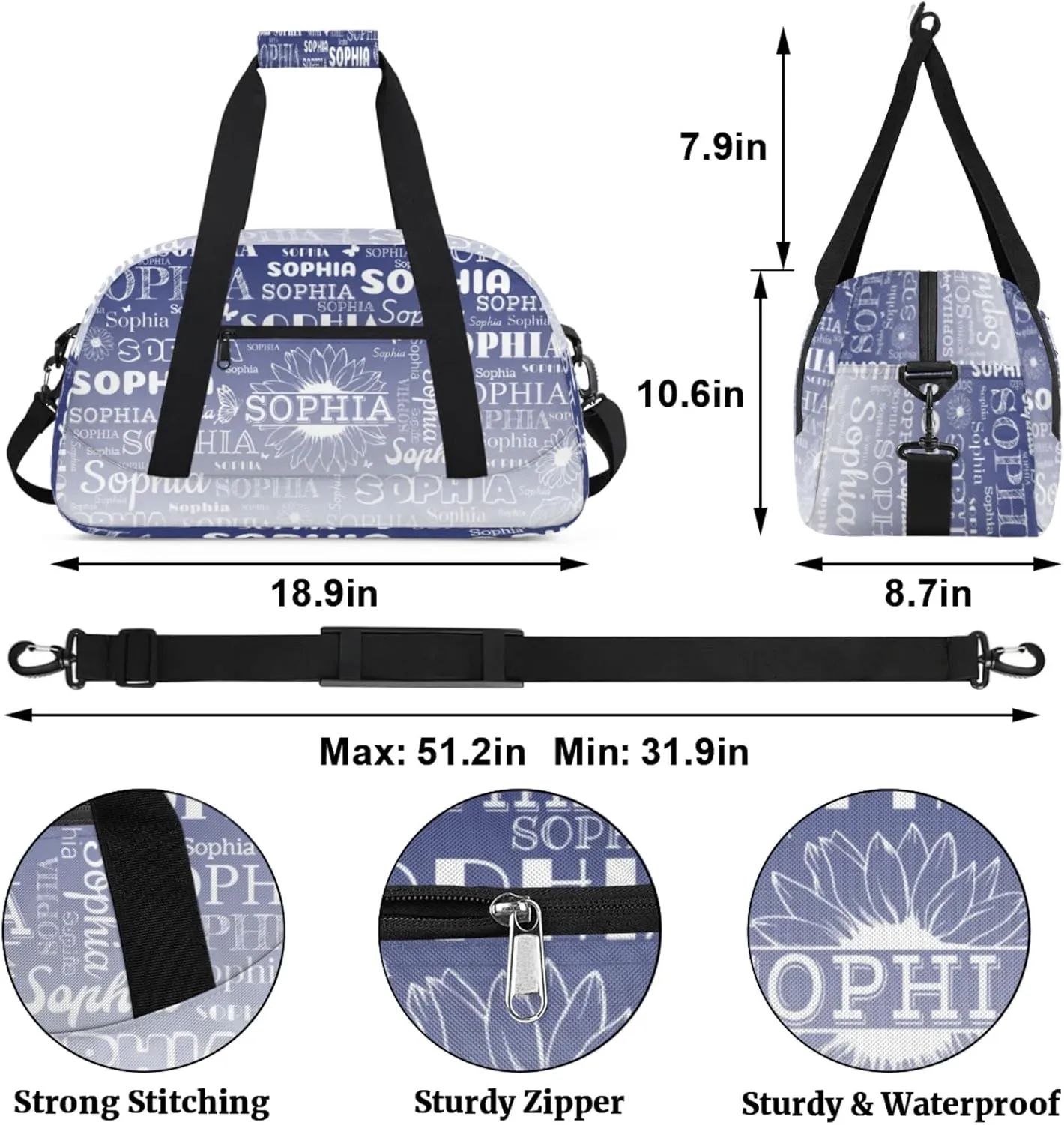 Personalized Name Duffel Bag Sports Gym Bags Dance Duffel Bags with Sunflower, Travel Overnight Carry-On Duffel Bag for Women Men, Cobalt Blue Gradient