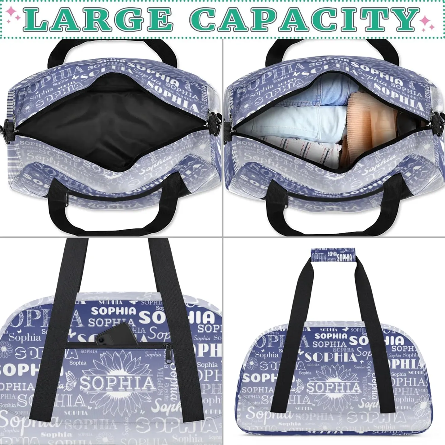 Personalized Name Duffel Bag Sports Gym Bags Dance Duffel Bags with Sunflower, Travel Overnight Carry-On Duffel Bag for Women Men, Cobalt Blue Gradient