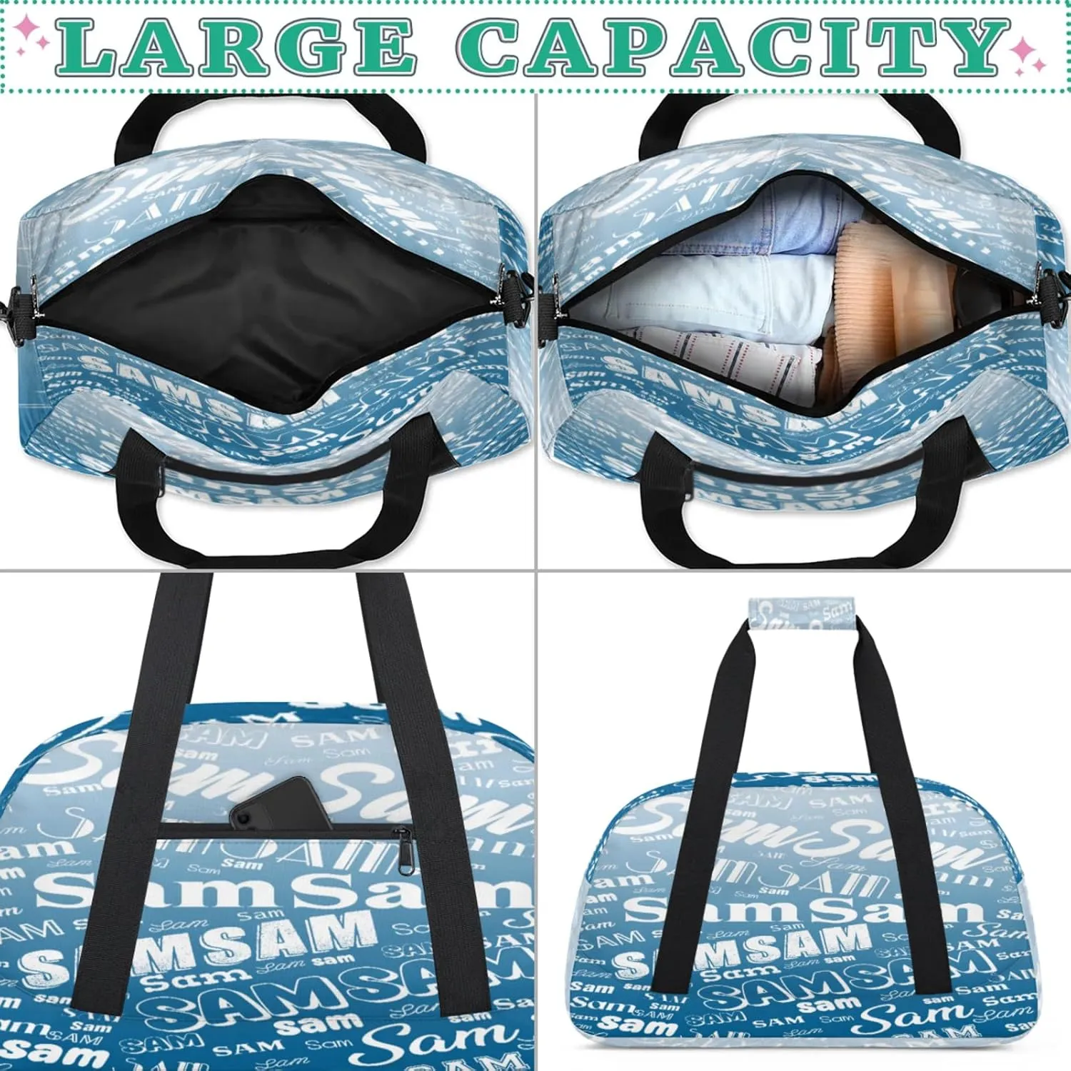 Personalized Name Gym Duffel Bag, Custom Sport Duffle Bags, Custom Overnight Weekender Bag Travel Bag for Dance Cheer Gymnastics Swimming, Blue Gradient