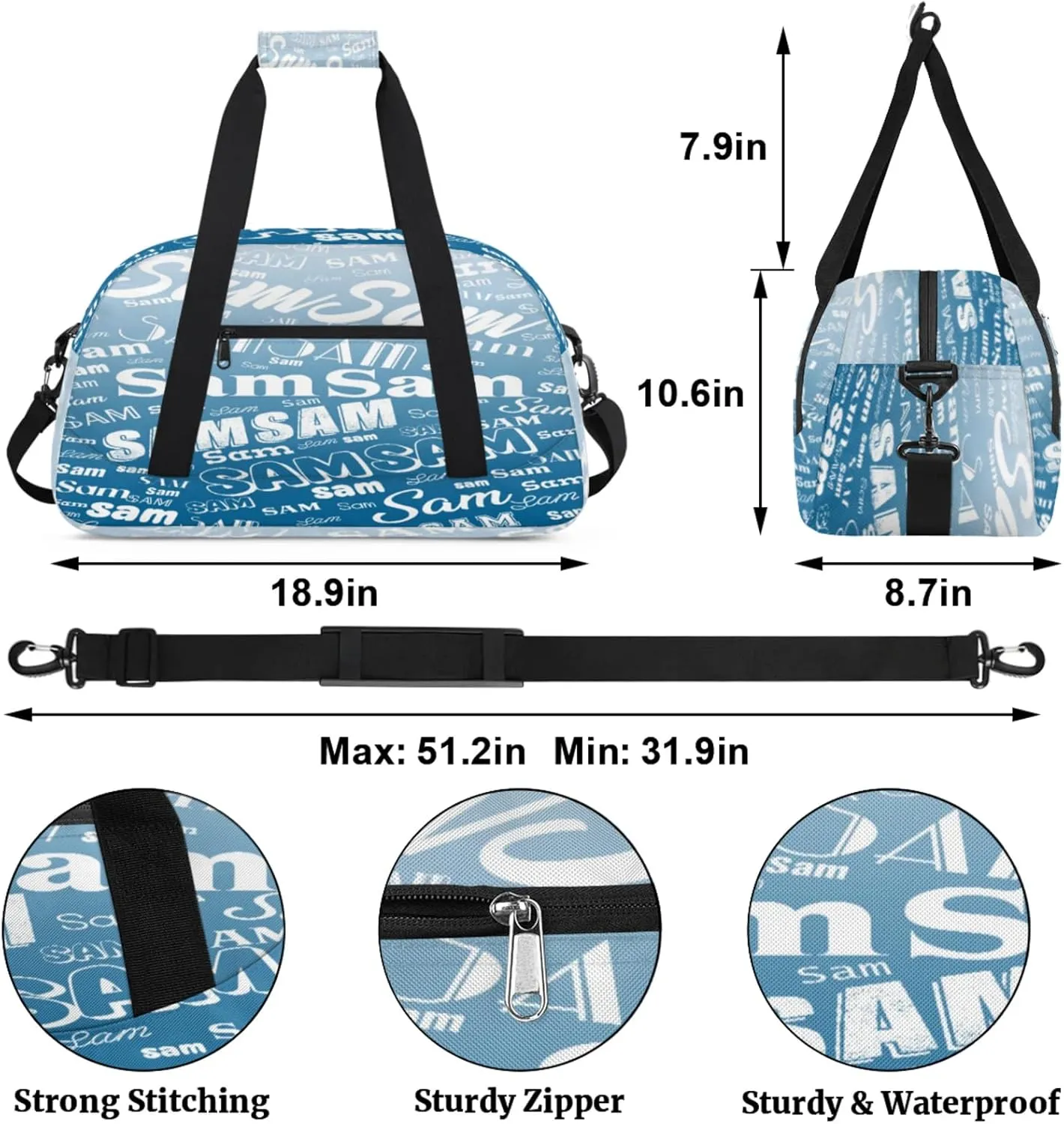 Personalized Name Gym Duffel Bag, Custom Sport Duffle Bags, Custom Overnight Weekender Bag Travel Bag for Dance Cheer Gymnastics Swimming, Blue Gradient