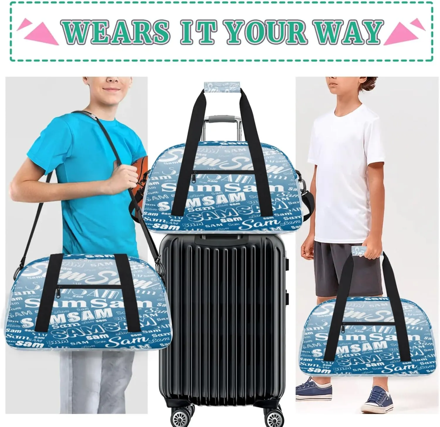 Personalized Name Gym Duffel Bag, Custom Sport Duffle Bags, Custom Overnight Weekender Bag Travel Bag for Dance Cheer Gymnastics Swimming, Blue Gradient
