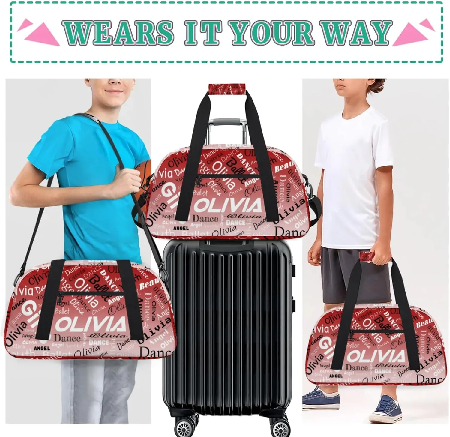 Personalized Name Gym Duffel Overnight Bag, Custom Ballet Dance Bag Weekender Duffel Bags for Travel, Deep Red Gradient