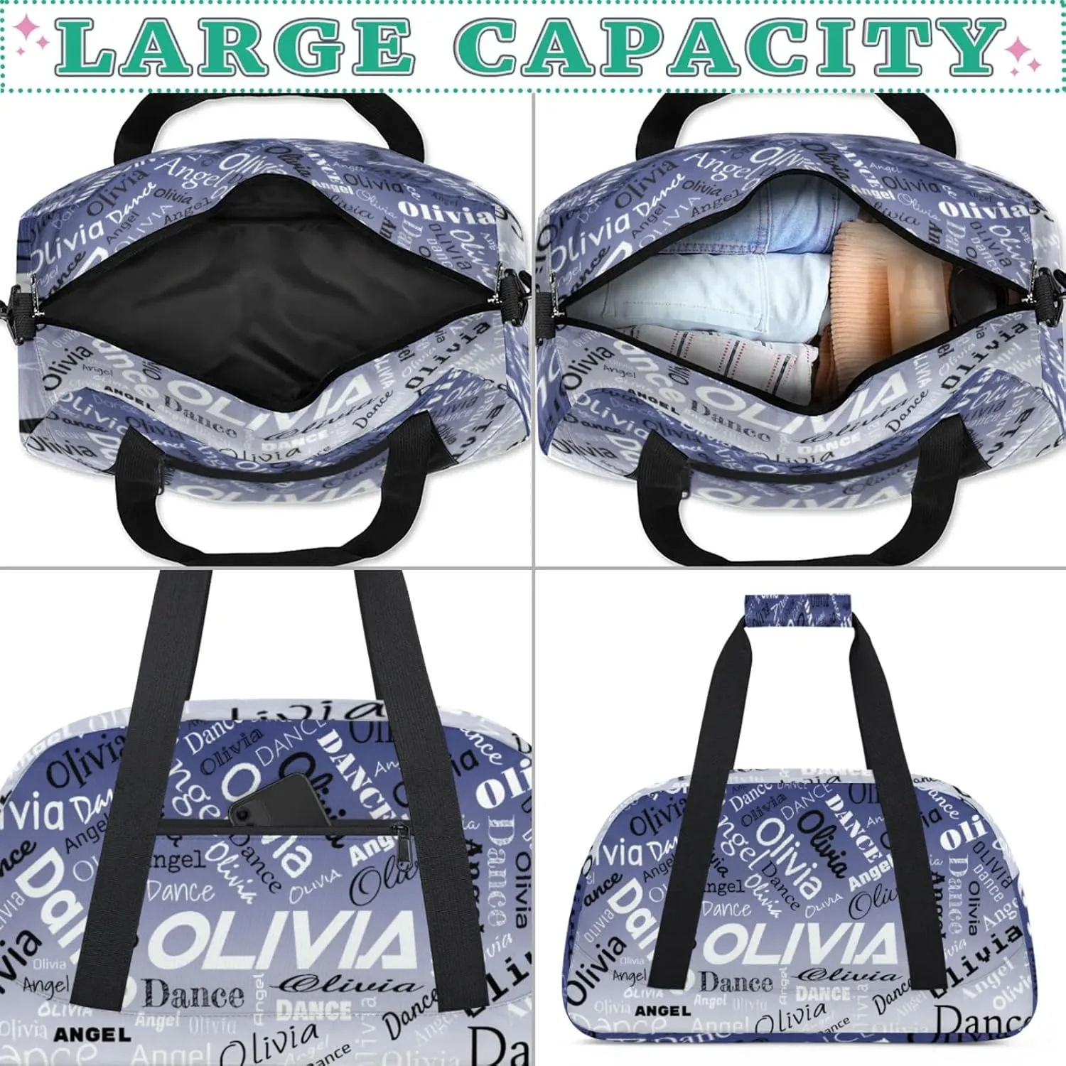 Personalized Name Sports Gym Duffel Bag, Custom Dance Bag Overnight Weekender Duffel Bags for Travel, Cobalt Blue Gradient